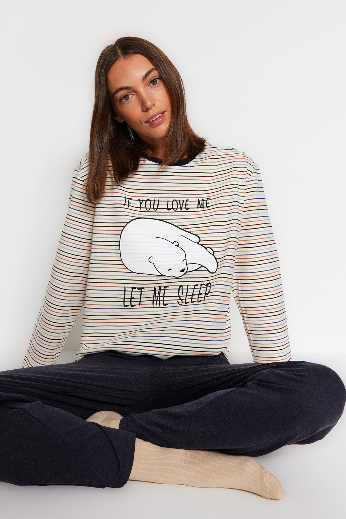 Trendyol Collection Bunt Gestreiftes Slogan-t-shirt Und Hosen-pyjama-set – für Damen - L