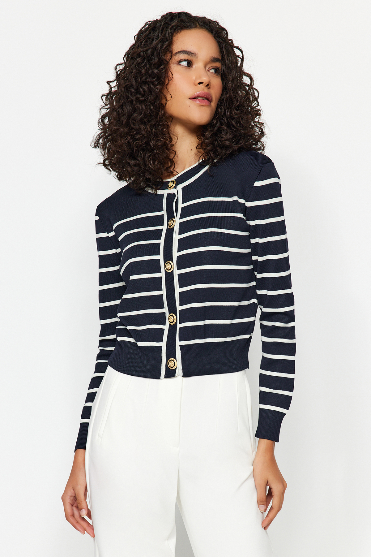 Trendyol Collection Marineblau Gestreifter Strick-cardigan – Geknöpfter Jacken-look für Damen - L
