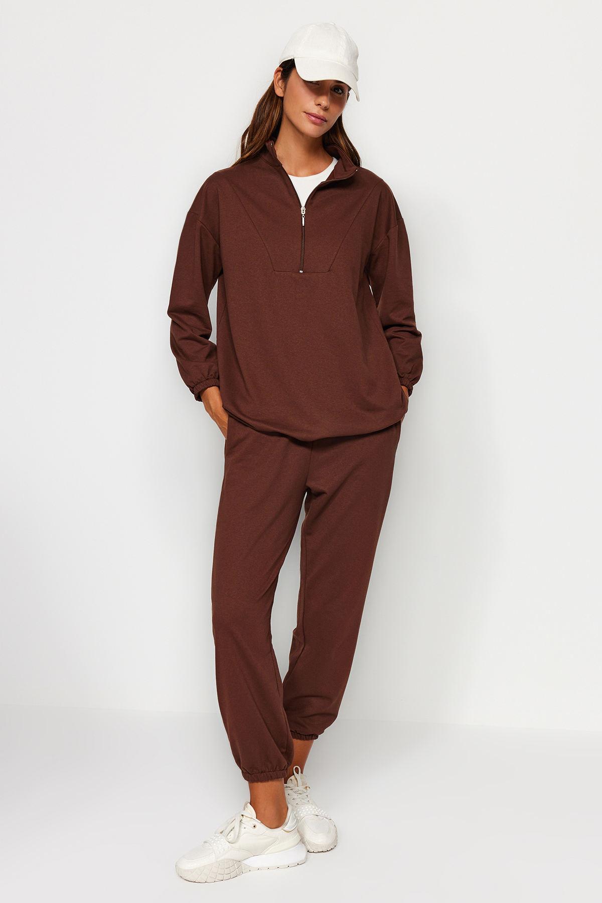 Trendyol Modest Braunes Strick-trainingsanzug-set Mit Stehkragen Und Gerafftem Rock - für Damen - XL