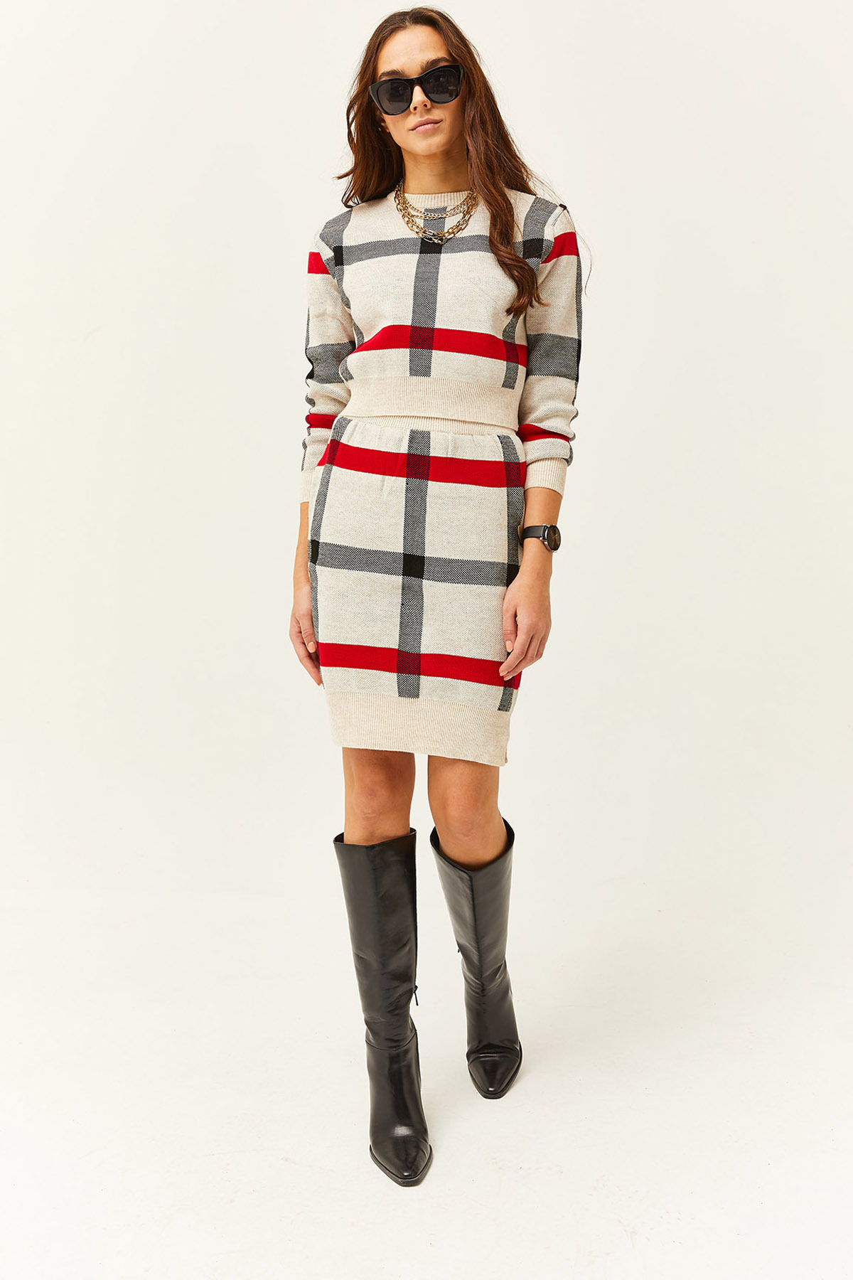 Olalook Anzug Mit Steinoberteil, Bauchfreiem Pullover Und Schlitzrock für Damen - S/M