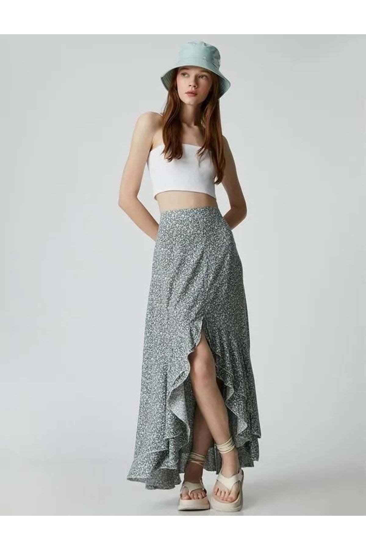 Koton Bekleidung Blumenrock Maxi Schlitz Rüschen Detaillierte 3sal70019ıw Grün Gemustert Grün Gemustert für Damen - 34