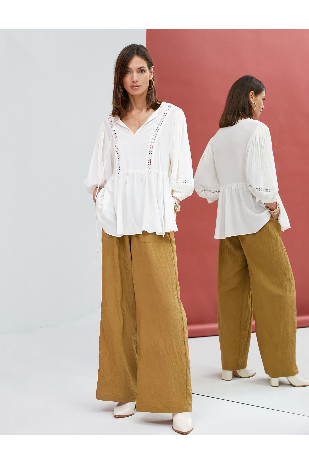 Koton Viskose-bluse Mit V-ausschnitt Und Krawatte, Detailliert Bestickt für Damen - 34