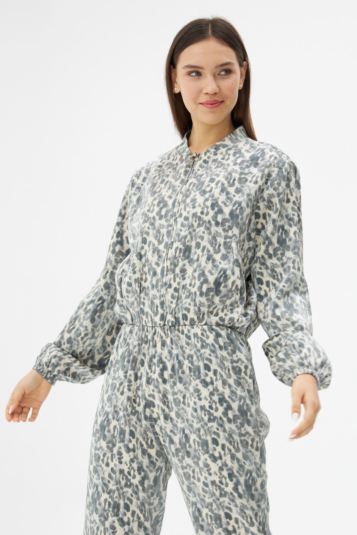 Laluvia Grau Gemustertes Jacken-hosen-set Mit Reißverschluss für Damen - L