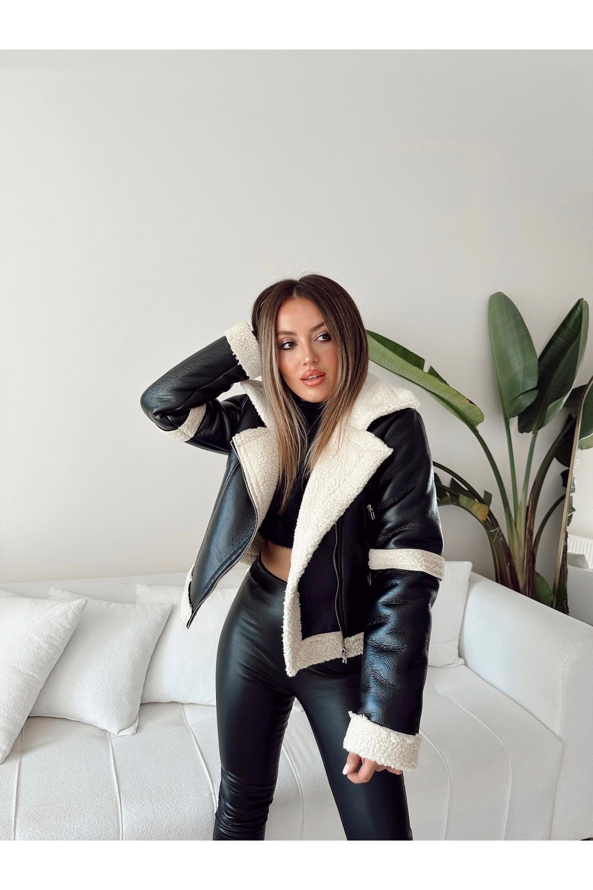 SONREİR Kurzer Mantel Aus Plüsch Innenleder Aussen für Damen - L