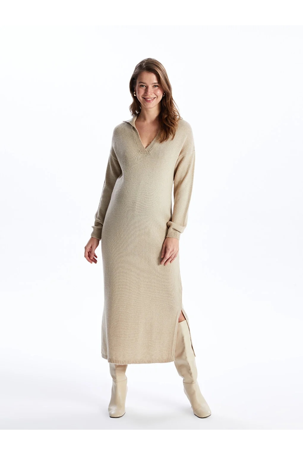 LC Waikiki Lcwaikiki Umstands-strickkleid Mit Polokragen, Einfarbig, Langärmelig für Damen - XL