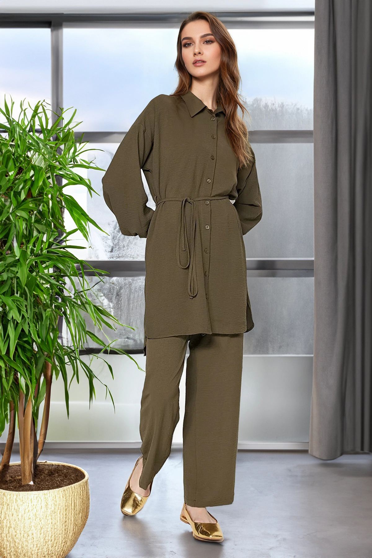 Trendyol Modest Khakifarbenes Aerobin-hemd-hosen-set Aus Gewebtem Stoff Mit Gürtel für Damen - 42