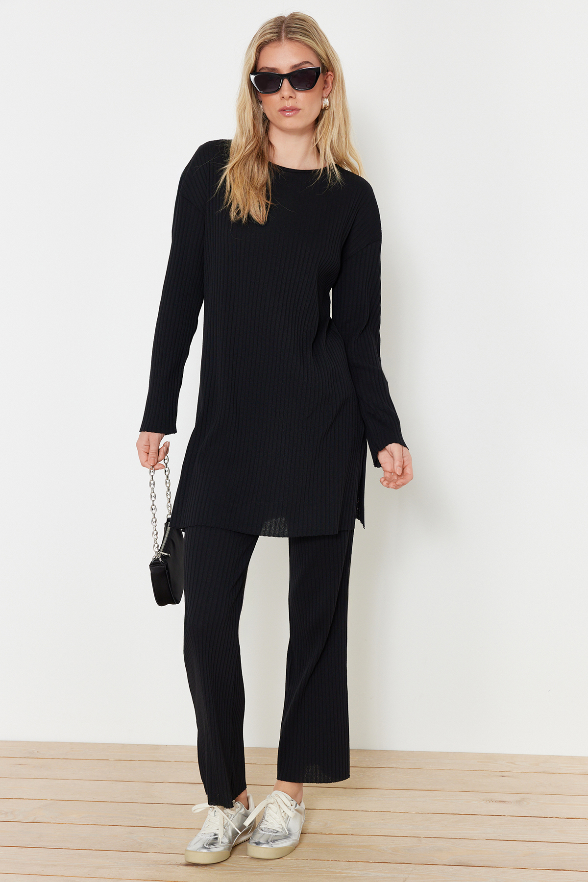 Trendyol Modest Übergroßes Schwarzes Strickset Set Aus Unterteil Und Oberteil Mit Kordelzug für Damen - L