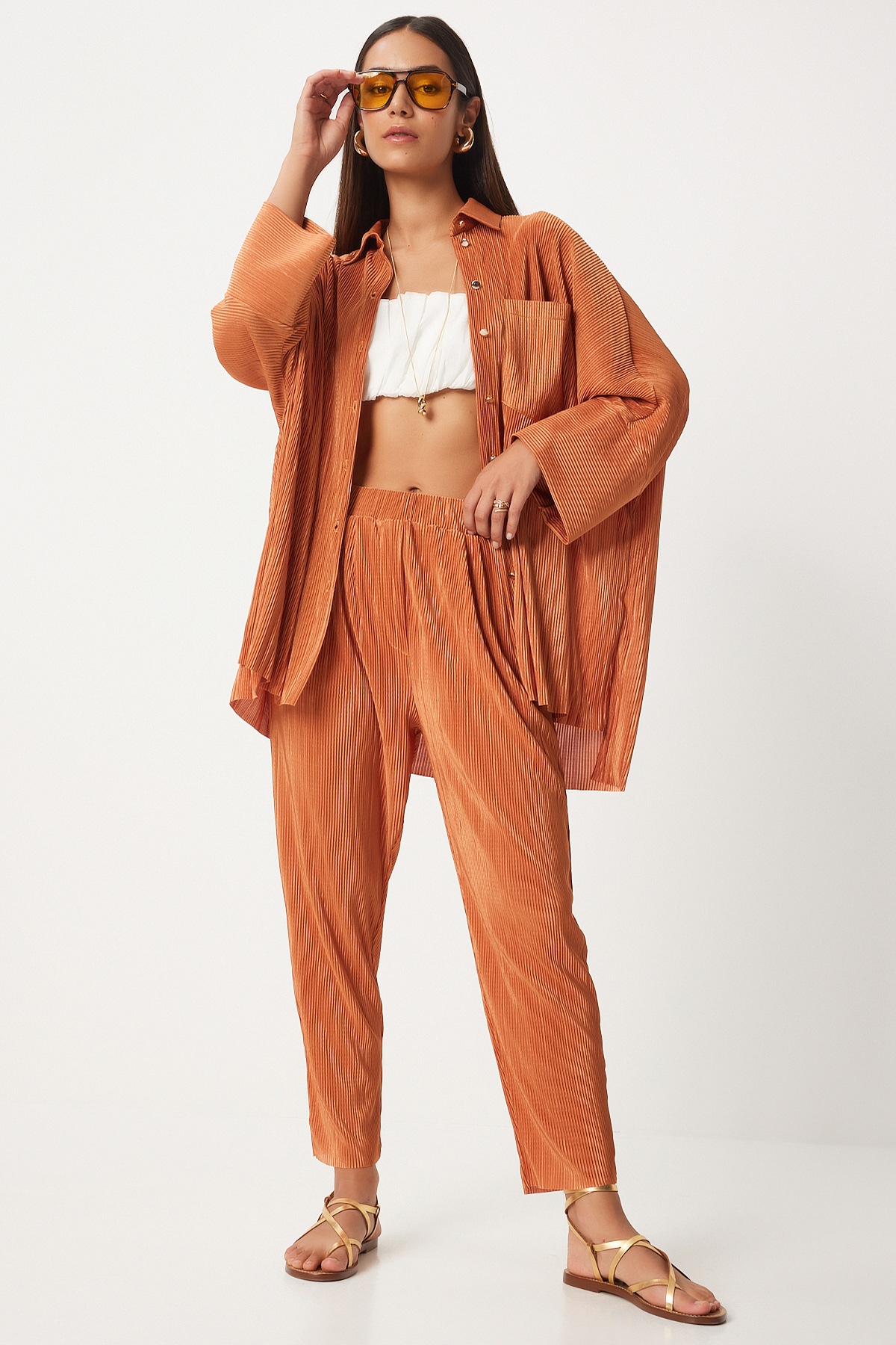 Happiness İstanbul Senfgelbes Plissiertes Hemd- Und Hosen-set Geknöpft für Damen - 36