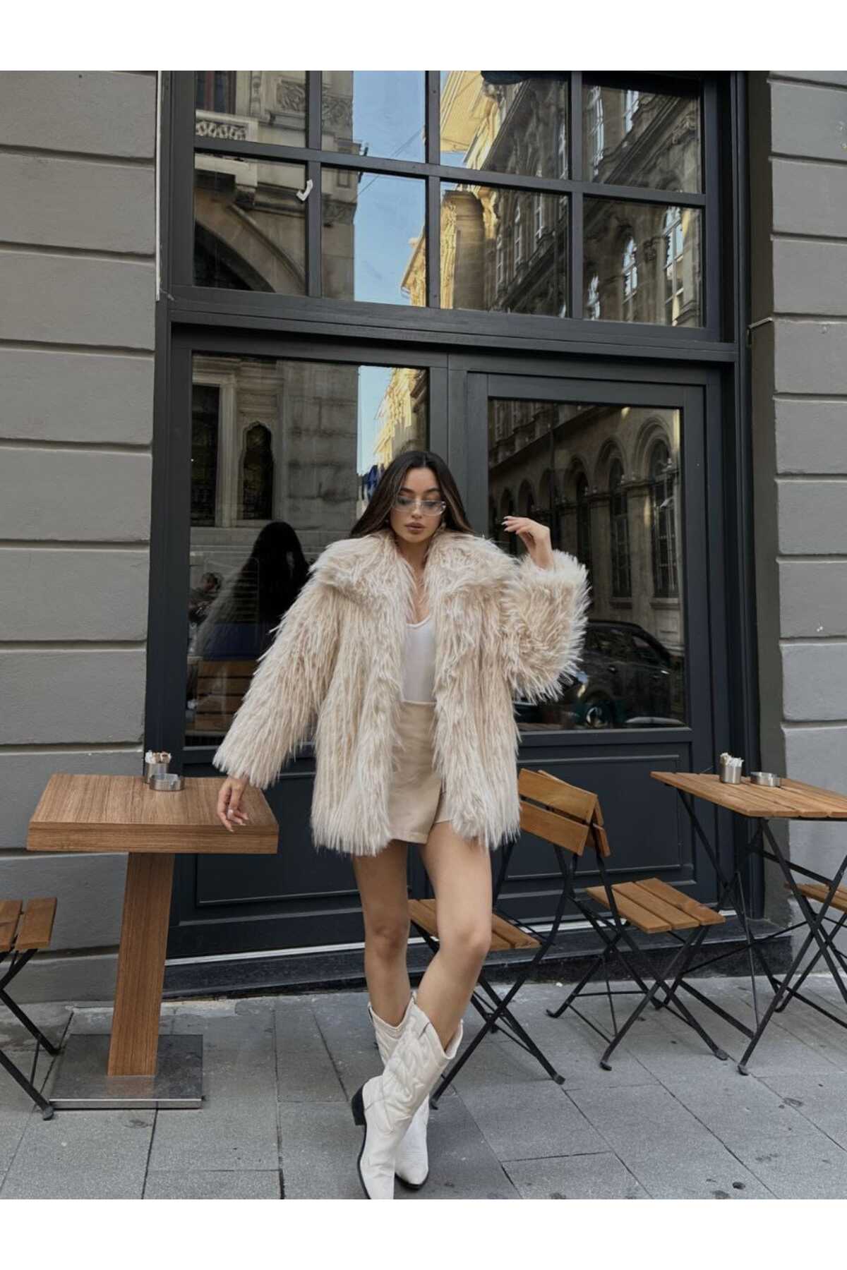 MEECY Cremefarbener Mantel Mantel Mit Schalkragen für Damen - L