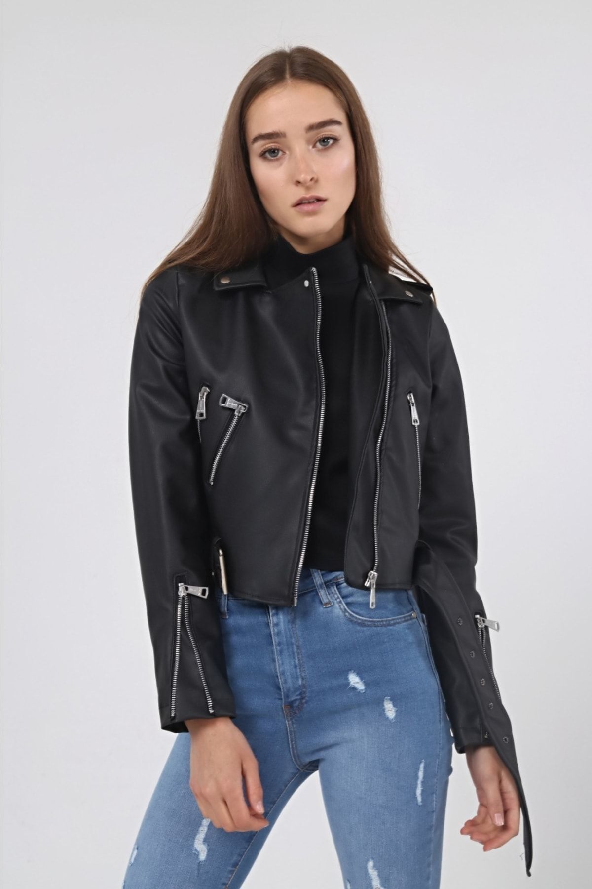 IŞILDA FASHION Bekleidung, Hose, Übergroße Lederjacke Mit Taschen für Damen - M