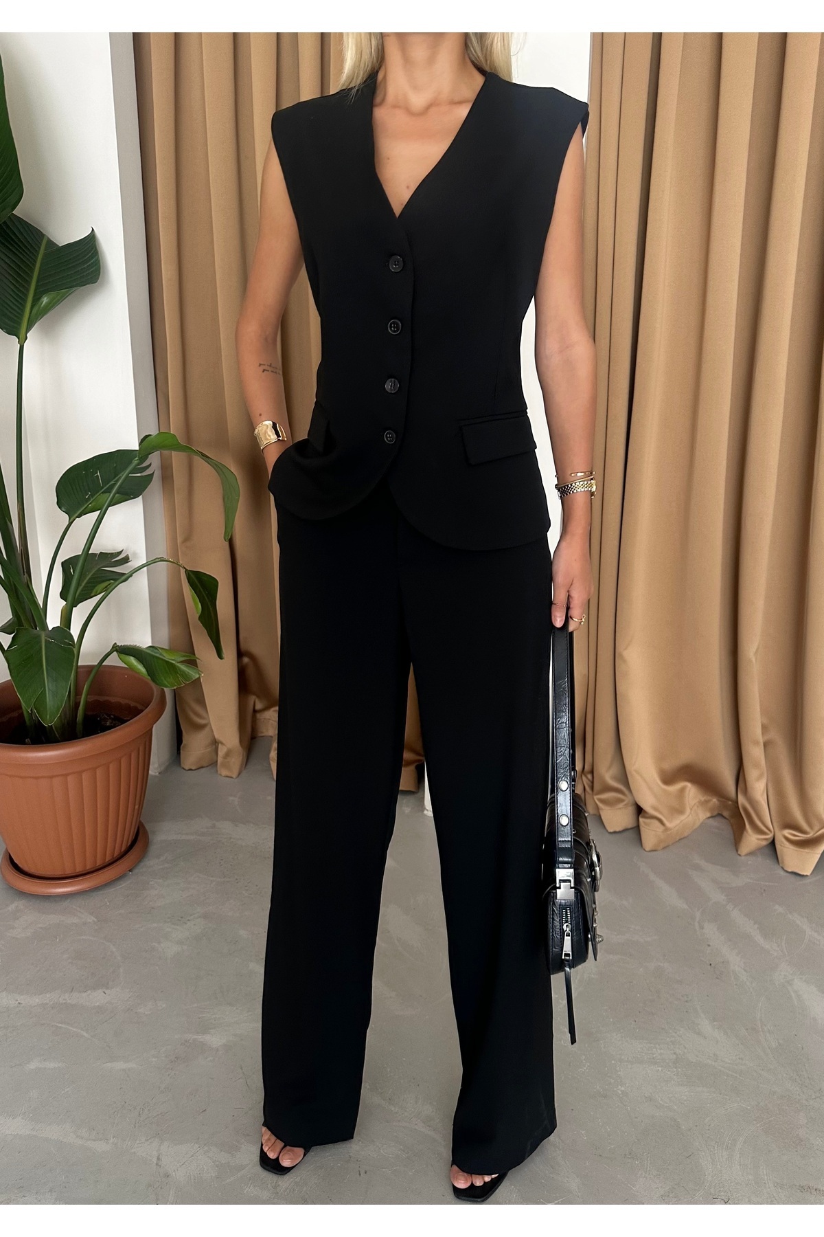 Laluvia Schwarzes Poliviskon-weste- Und Palazzo-hosen-set Mit Taschen für Damen - L