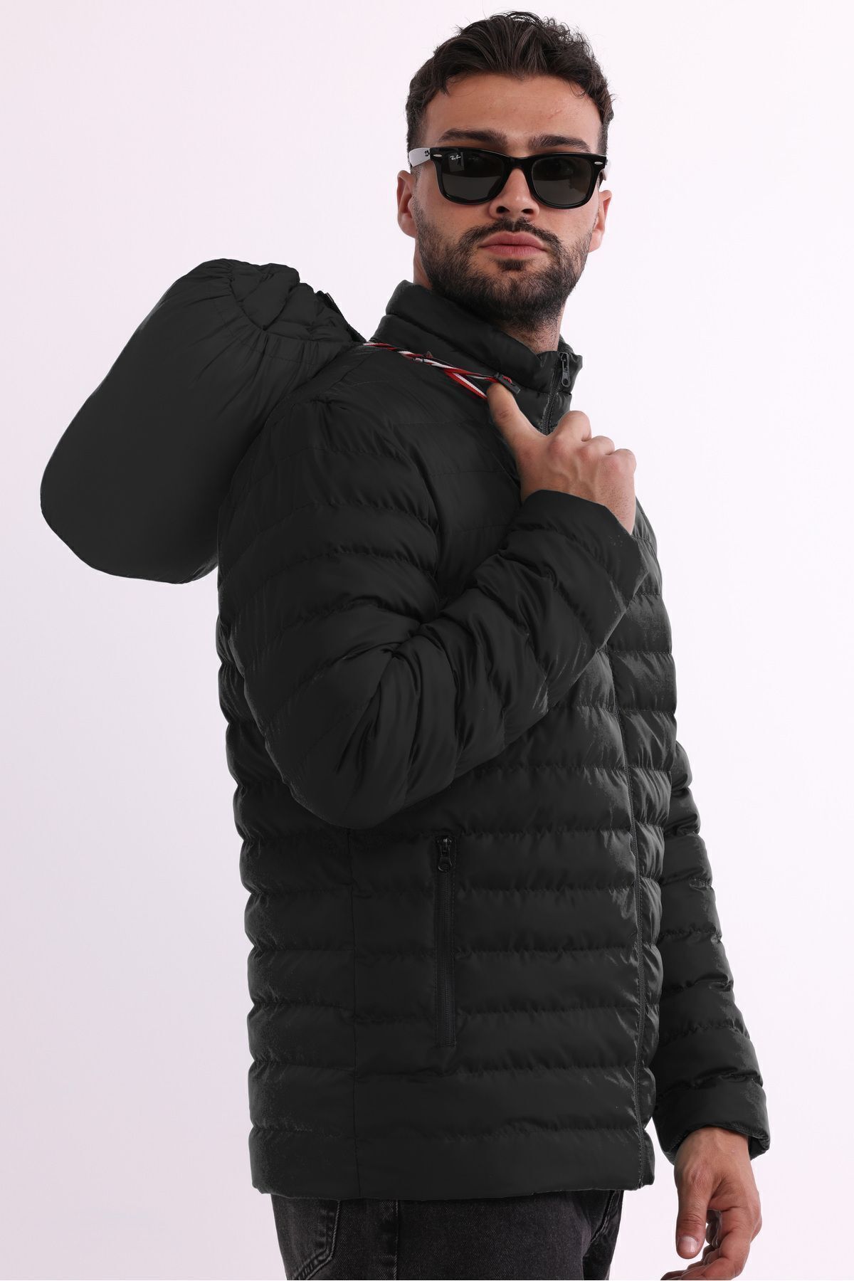 RİVERCLUP Leichter, Aufblasbarer Schwarzer Mantel – Tragbar, Winddicht, Warm, Mit Fasern Gepolstert für Herren - XL