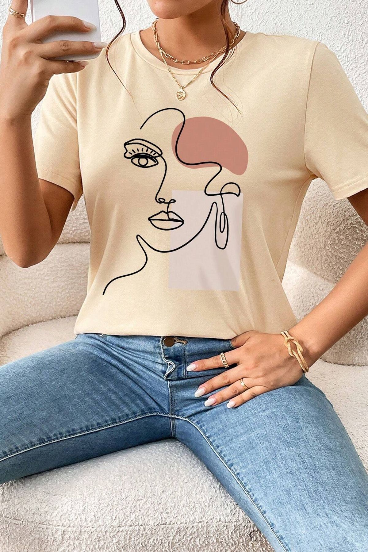 uyguntarz Unisex T-shirt Mit Aufgedrucktem Make-up-silhouette-design - L