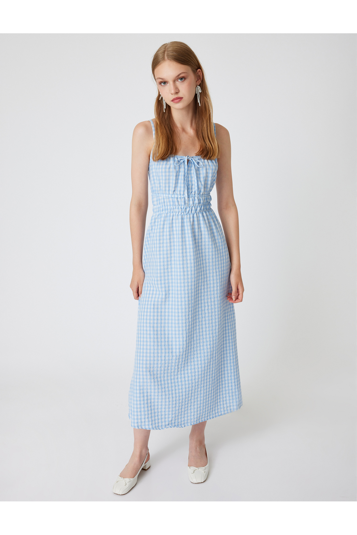 Koton Langes A-linien-kleid Mit Seilträgern – Gingham- Und Gipeli-kleid Mit Spitzendetail für Damen - 34