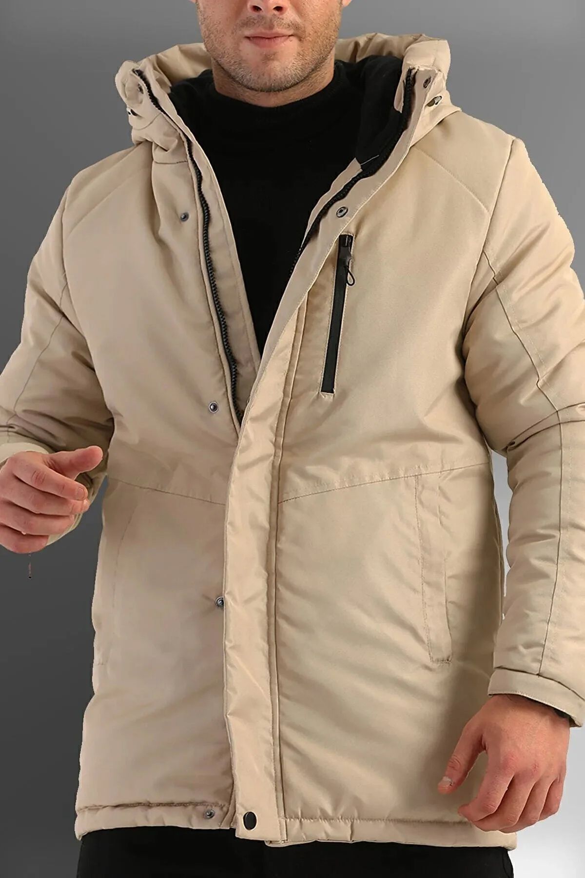 D1fference Beigefarbener, Winddichter Wintermantel, Mantel Und Parka Mit Kapuze für Herren - M