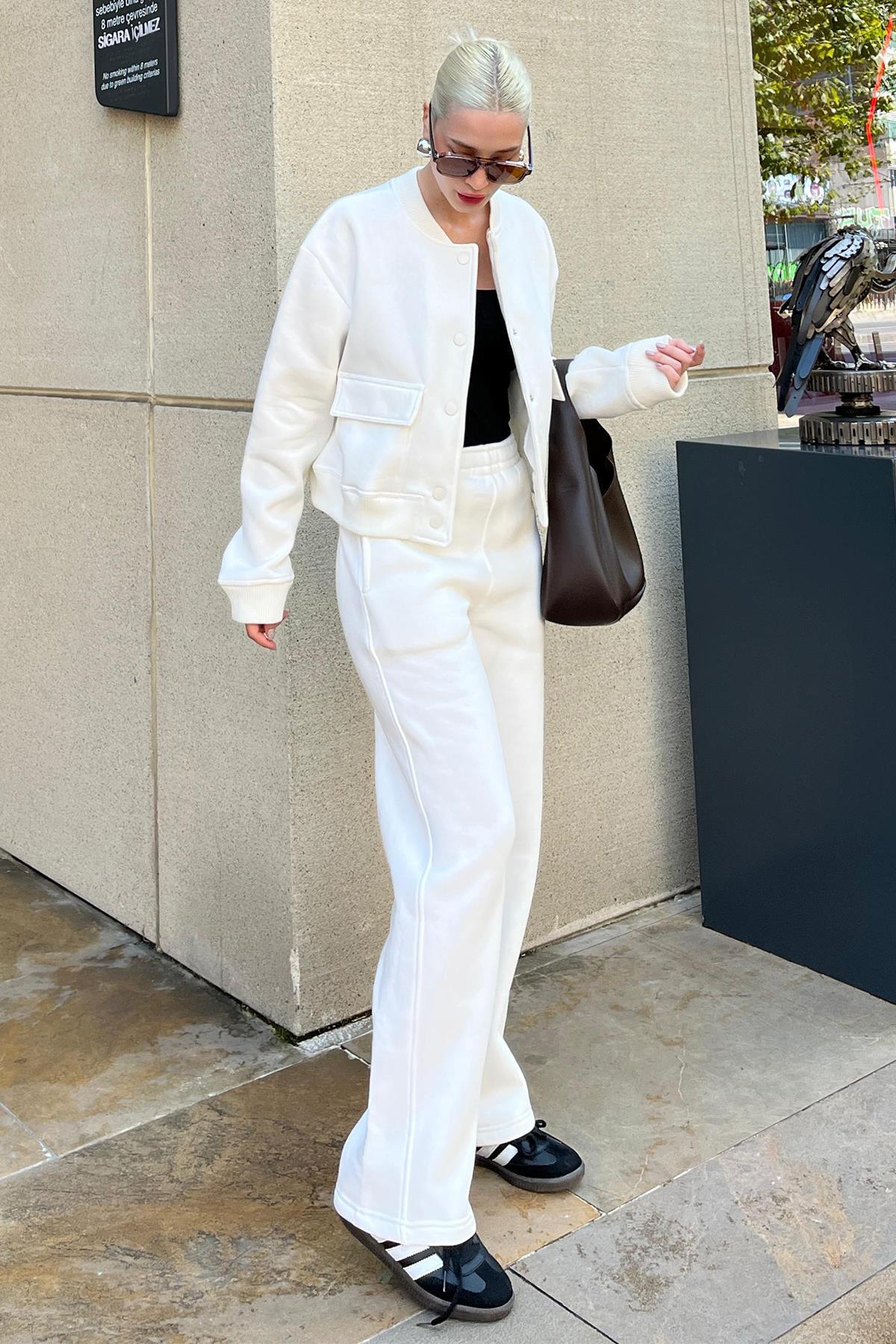 Madmext Weißes Rundhalsausschnitt-jacken-oberteil-trainingsanzug-set für Damen - M