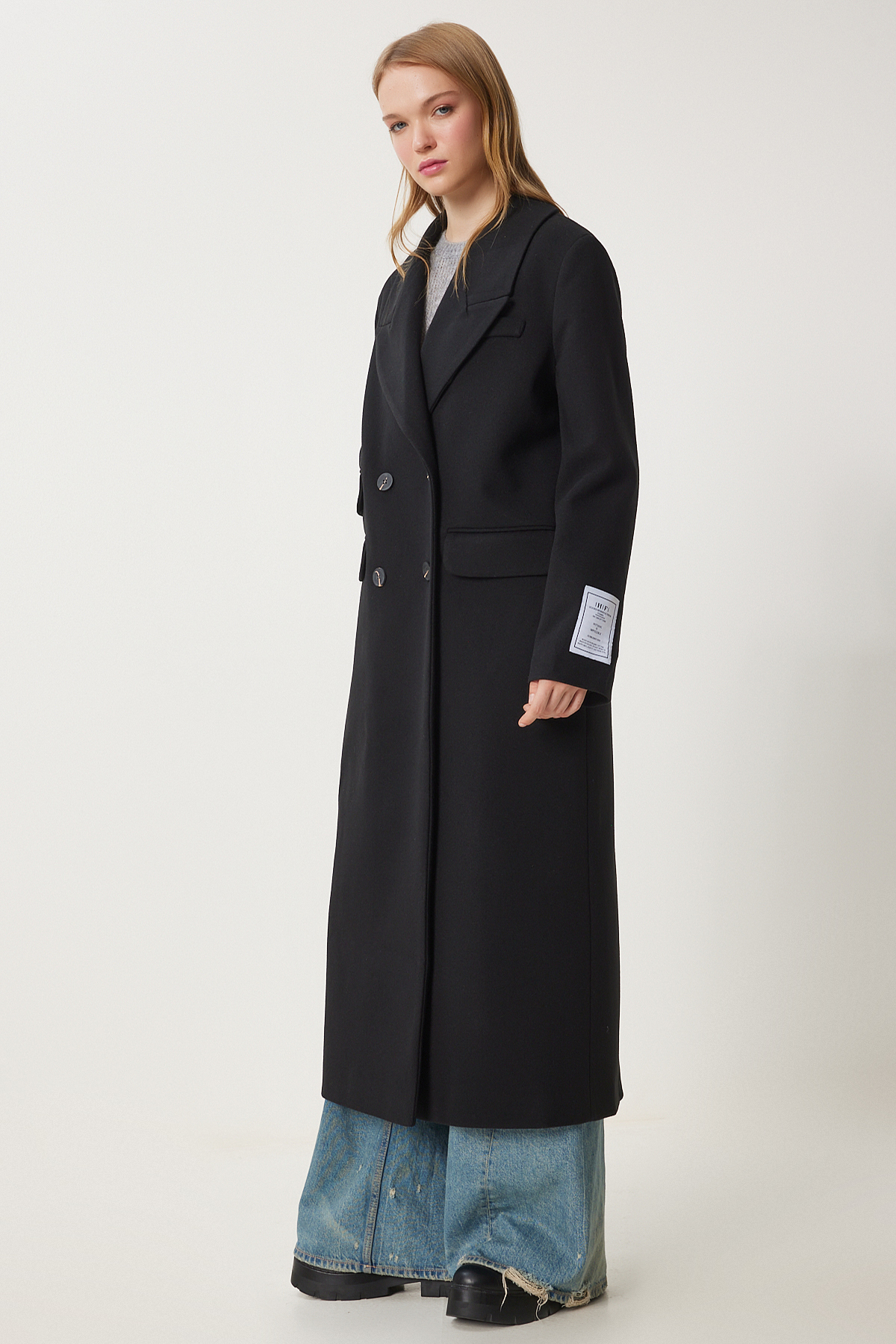 Happiness İstanbul Schwarzer Premium-zweireiher-mantel Aus Wolle Mit Langem Augenbrauenkragen für Damen - 38