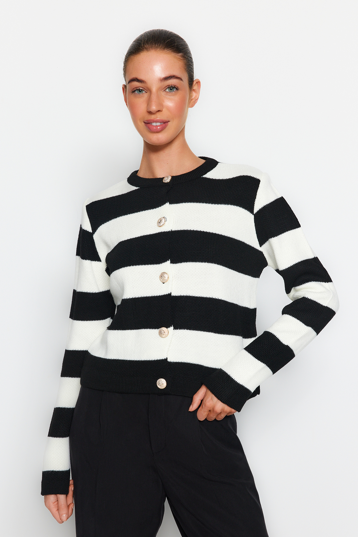 Trendyol Collection Ecru Gestreifter Strick-cardigan – Jacken-look, für Damen - XS