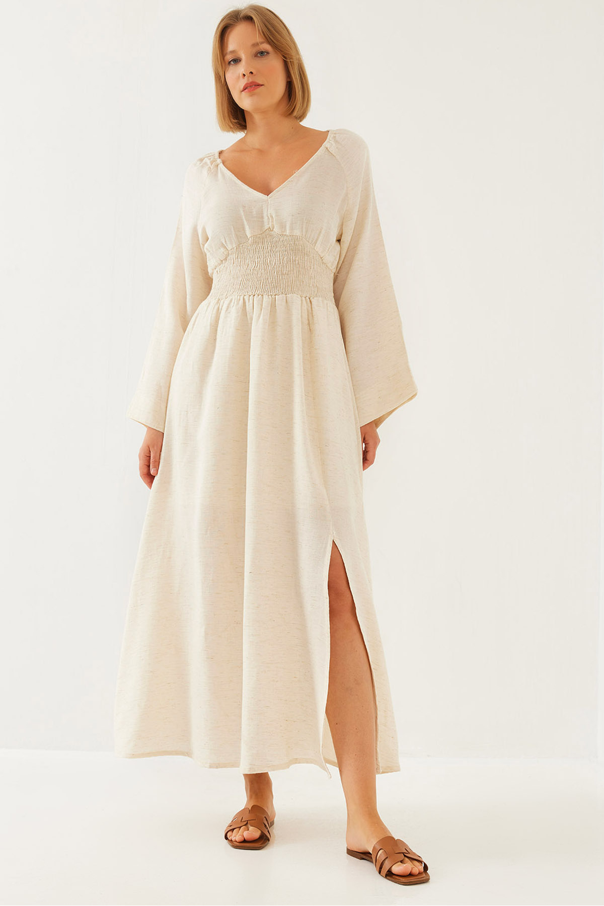 Bianco Lucci Kleid Mit V-ausschnitt Und Taille, Ausgestelltes Kleid 35177 für Damen - S