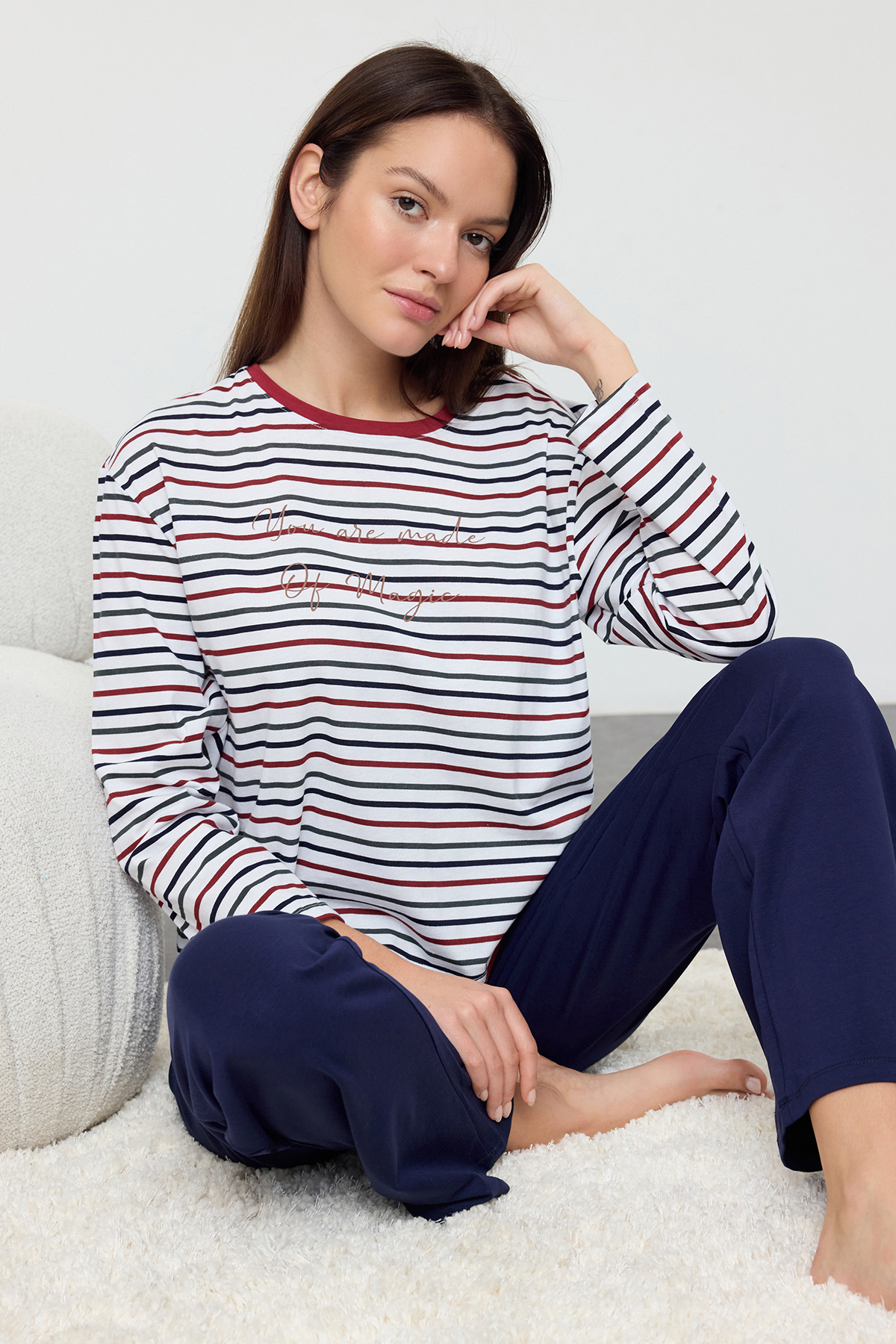 Trendyol Collection Bunt Gestreiftes Slogan-t-shirt- Und Hosen-pyjama-set – 100 % Baumwolle für Damen - L