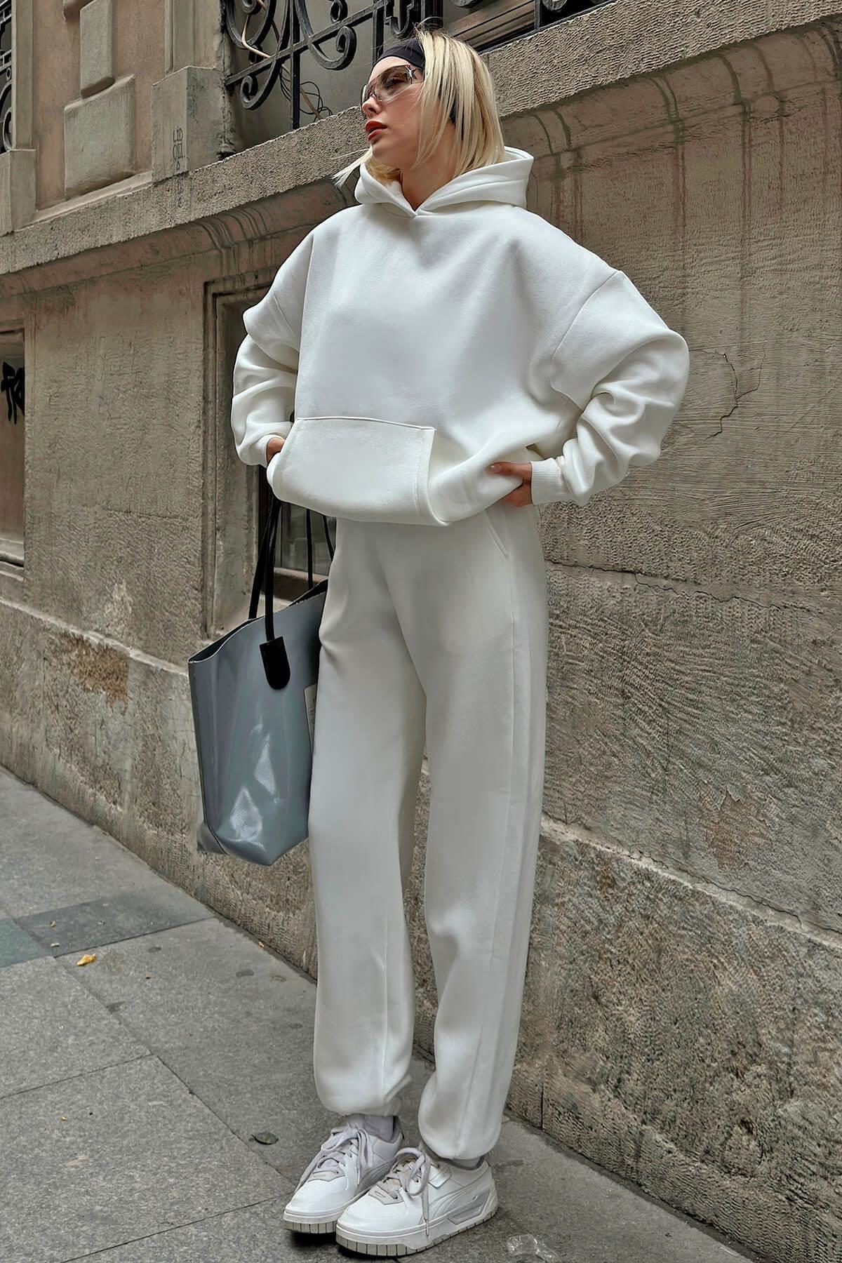 Swist Weißes Felpa Kapuzen-sweatshirt-trainingsanzug-trainingsanzug-set für Damen - S