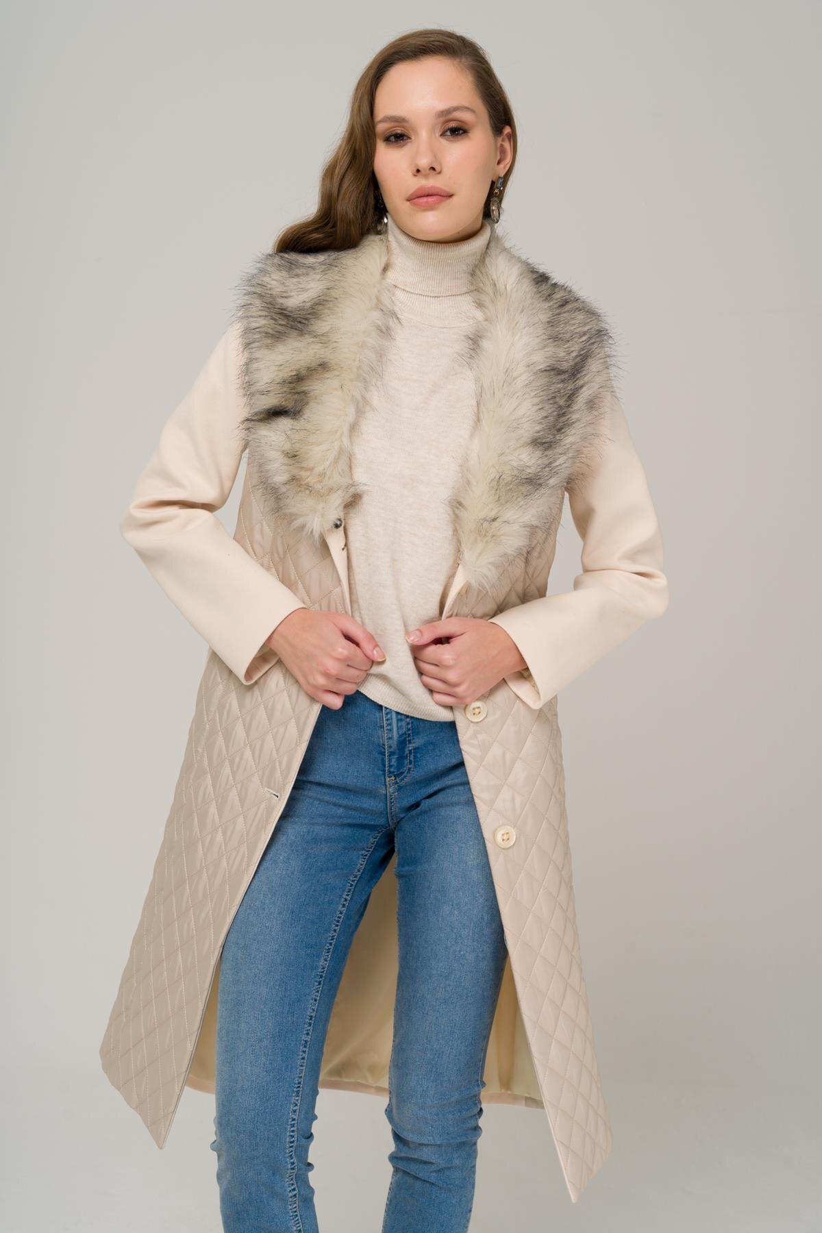 Olcay Abnehmbarer, Mit Pelz Gesteppter, Garnierter Mantel Mit Kragen, Ecru für Damen - 38