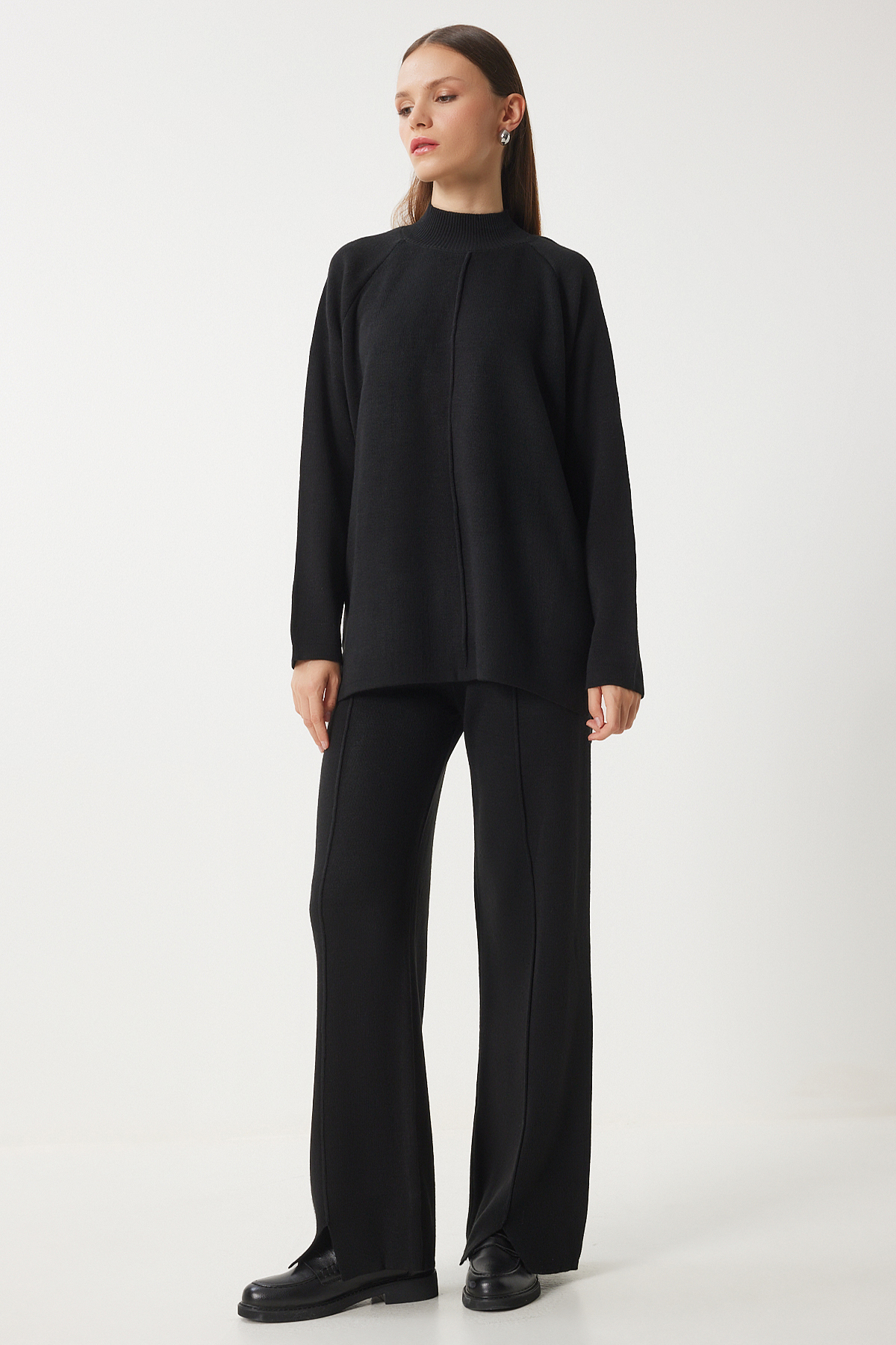 Happiness İstanbul Stilvolles Schwarzes Strick-sweatshirt-hosen-set für Damen - One Size