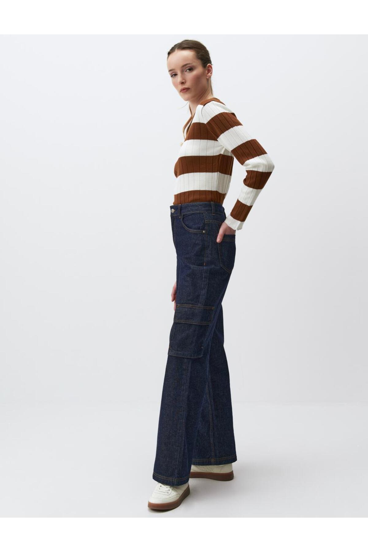 Jimmy Key Dunkelindigoblaue Cargo-jeanshose Mit Hoher Taille Und Weitem Bein für Damen - 38