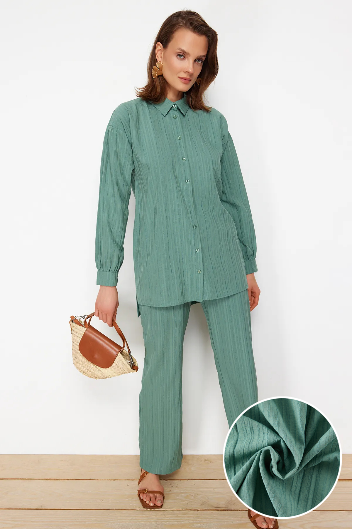 Trendyol Modest Grünes Gewebtes Hemd-hosen-set Mit Langem Rücken Und Weitem Bein für Damen - 36