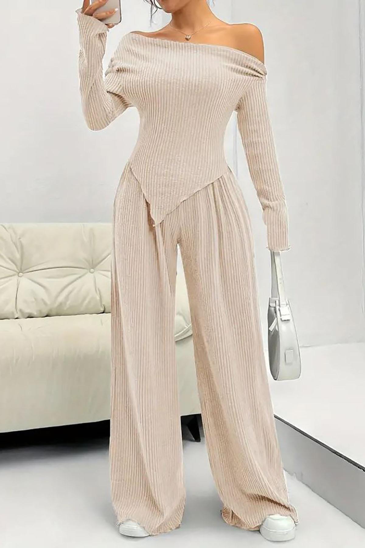 Deafox Beigefarbenes, Langärmliges, Schulterfreies, Asymmetrisch Geschnittenes Camisole-blusen- Und Hosen-set für Damen - L/XL