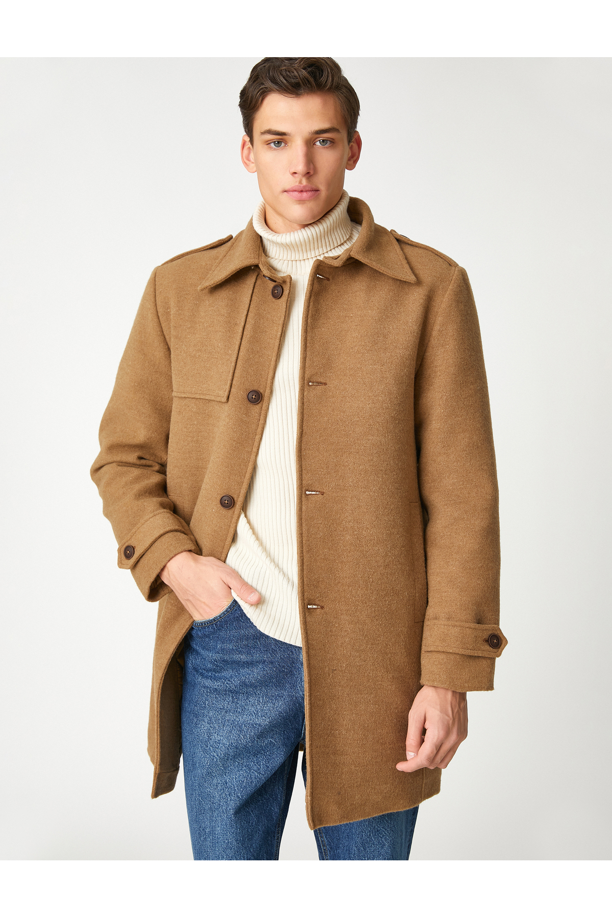 Koton Mantel Mit Langen Manschetten, Knopf, Detaillierter Tasche Und Klassischem Kragen für Herren - M