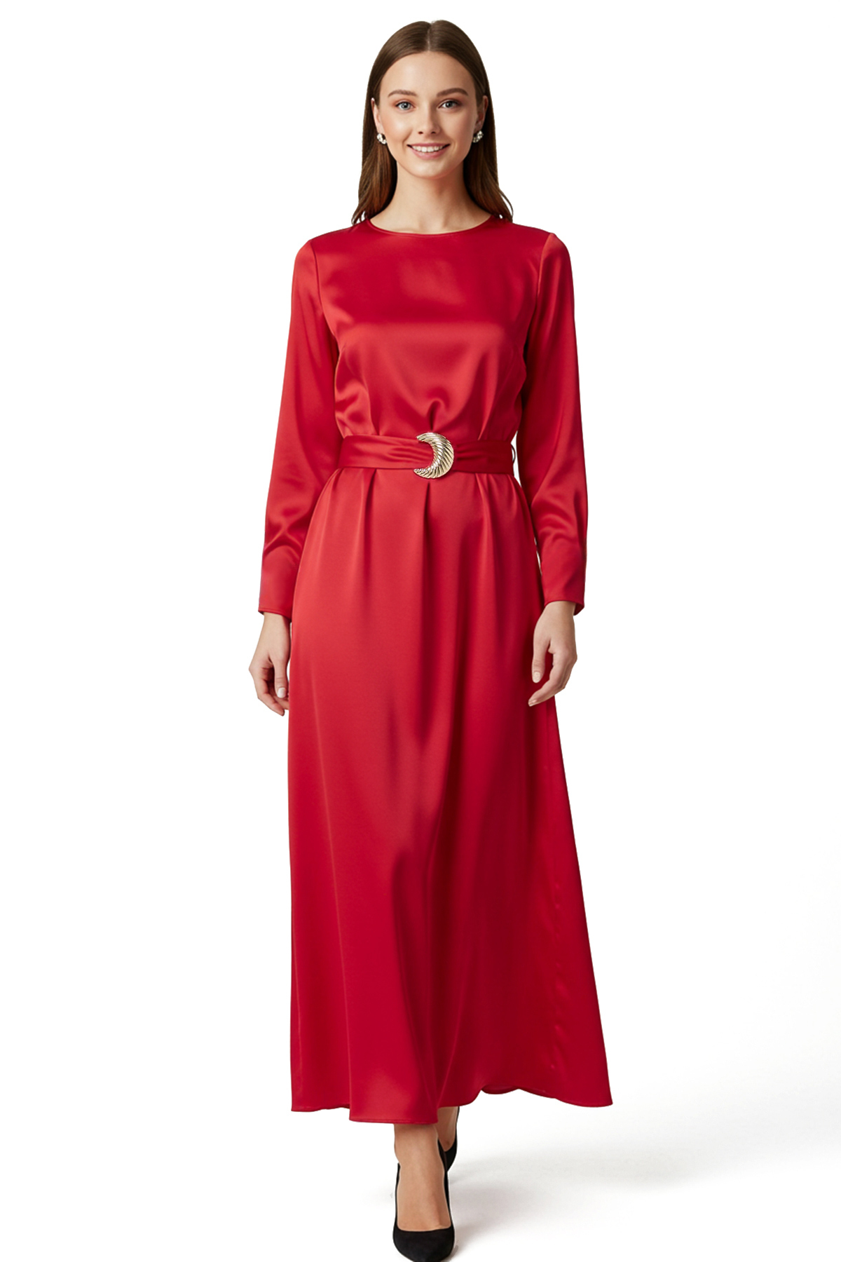 Trendyol Modest Rote, Weit Geschnittene Satin-abendkleider Mit Gürtel, Jalabiya-kleid für Damen - 38