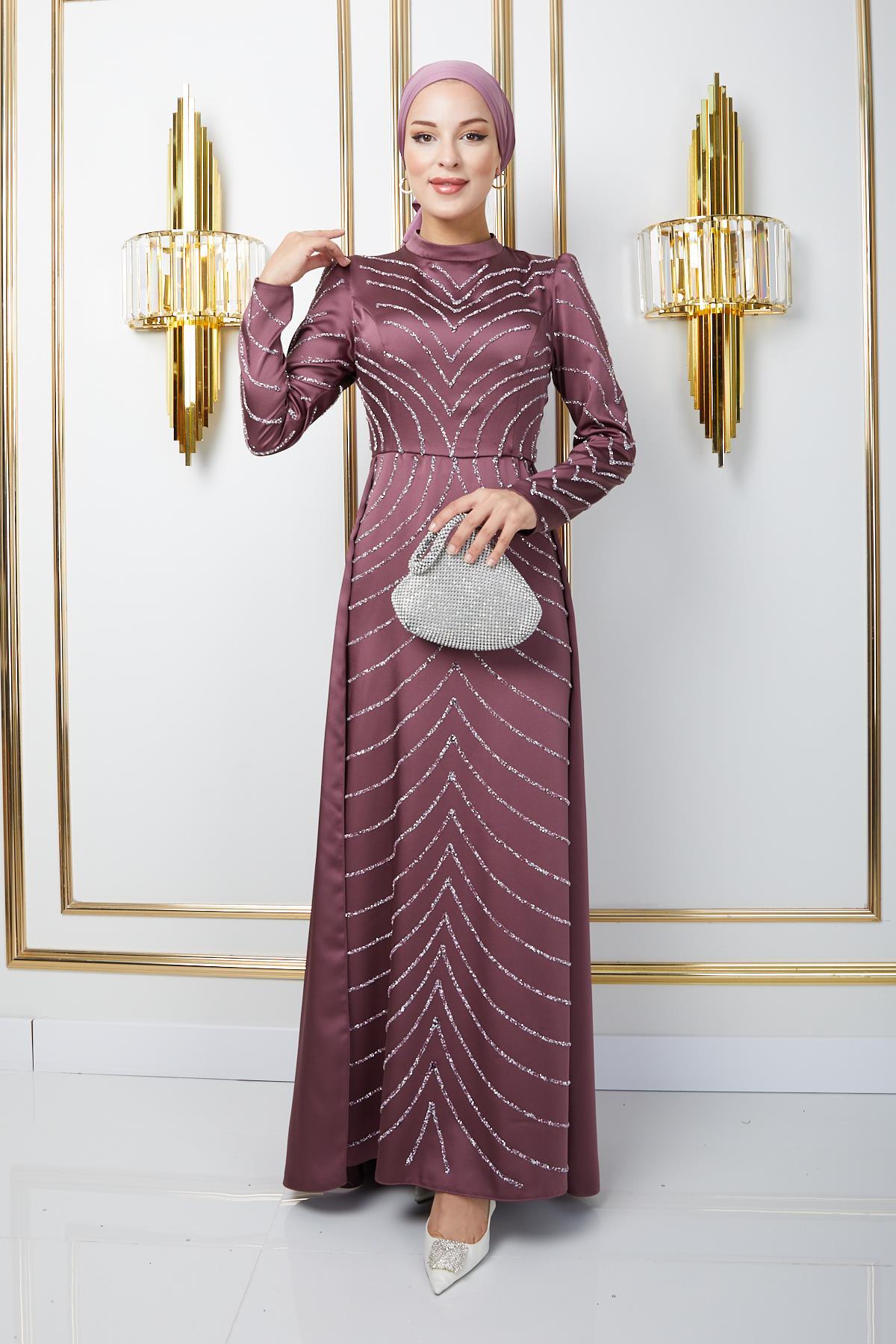 Olcay Stein Detaillierte Satin Cape Hijab Abendkleider Dried Rose für Damen - 44