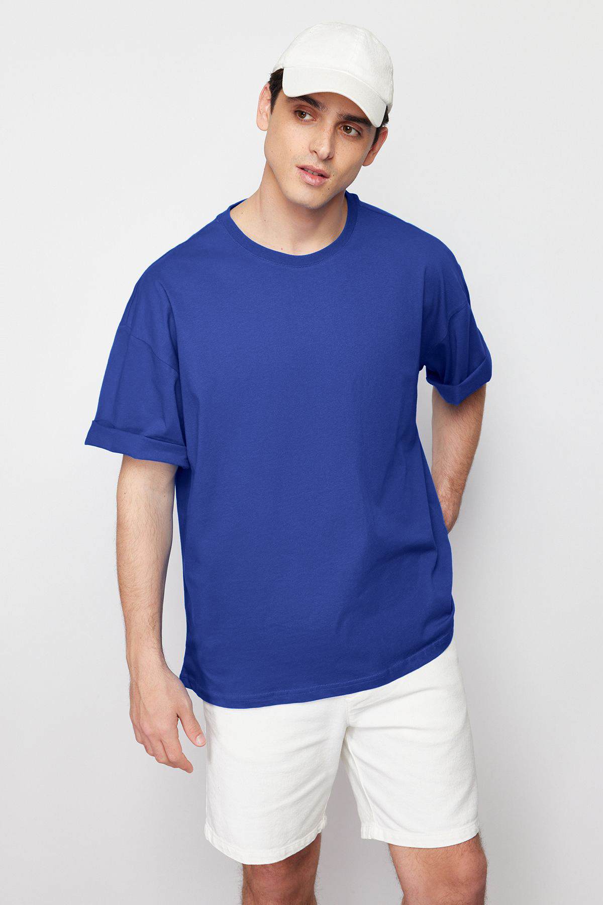 Trendyol Collection Blaues Oversize-t-shirt Aus 100 % Baumwolle, 3/4 Dick, Basic-mode für Herren - M
