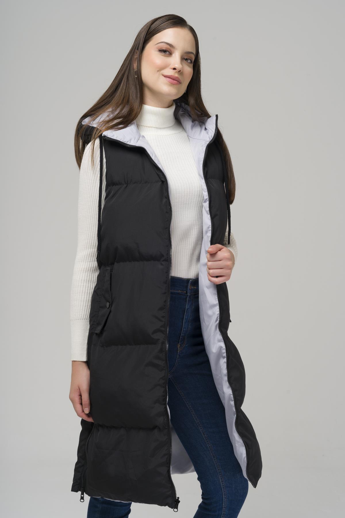 Olcay Doppelseitige Aufblasbare Weste Mit Kapuze Und Reißverschluss Schwarz-grau für Damen - L