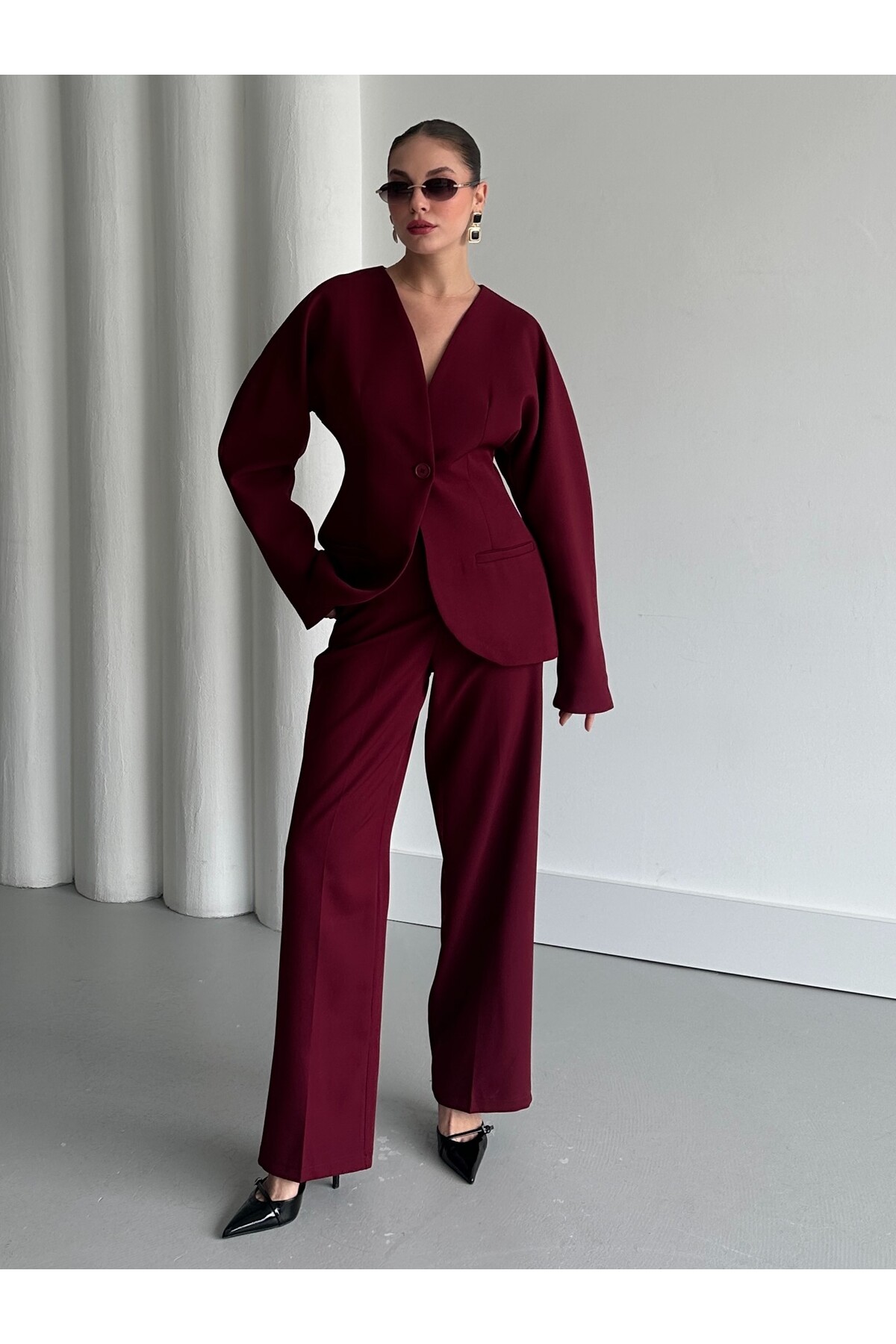 Laluvia Burgunderfarbenes Lorah-jacken-hosen-set Mit Taillensitz 2025129 für Damen - L