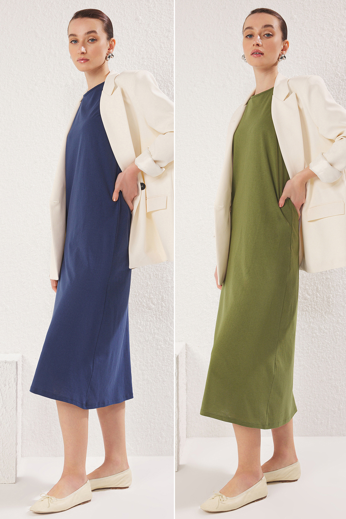 Trendyol Modest 2er-pack Gestrickte Kleider Aus 100 % Baumwolle In Marineblau Und Khaki – für Damen - S