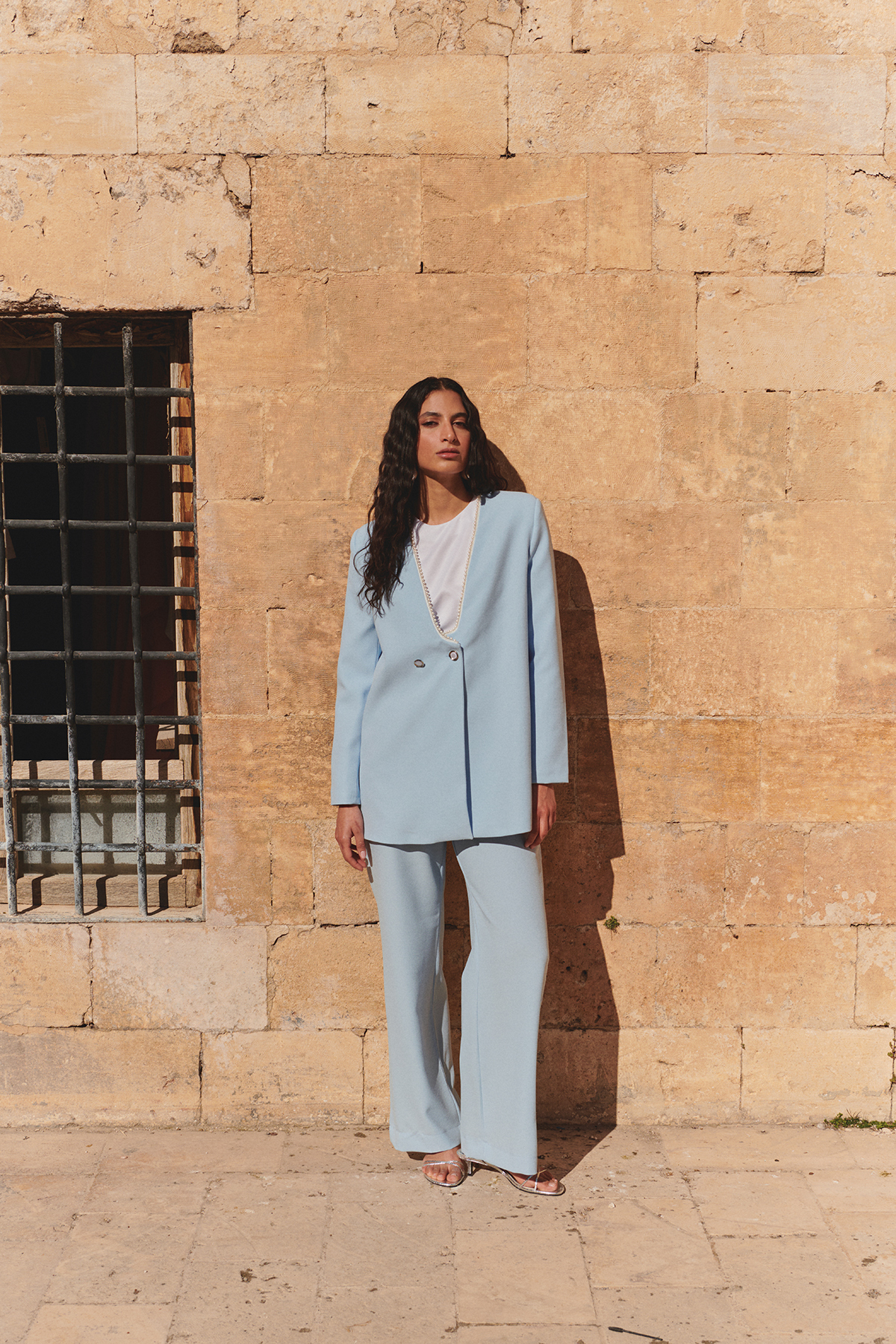 Trendyol Modest Hellblauer, Mit Perlen Verzierter, Detaillierter Jacken- Und Hosenanzug Mit Gewebter Unterseite Und Oberteil für Damen - 38