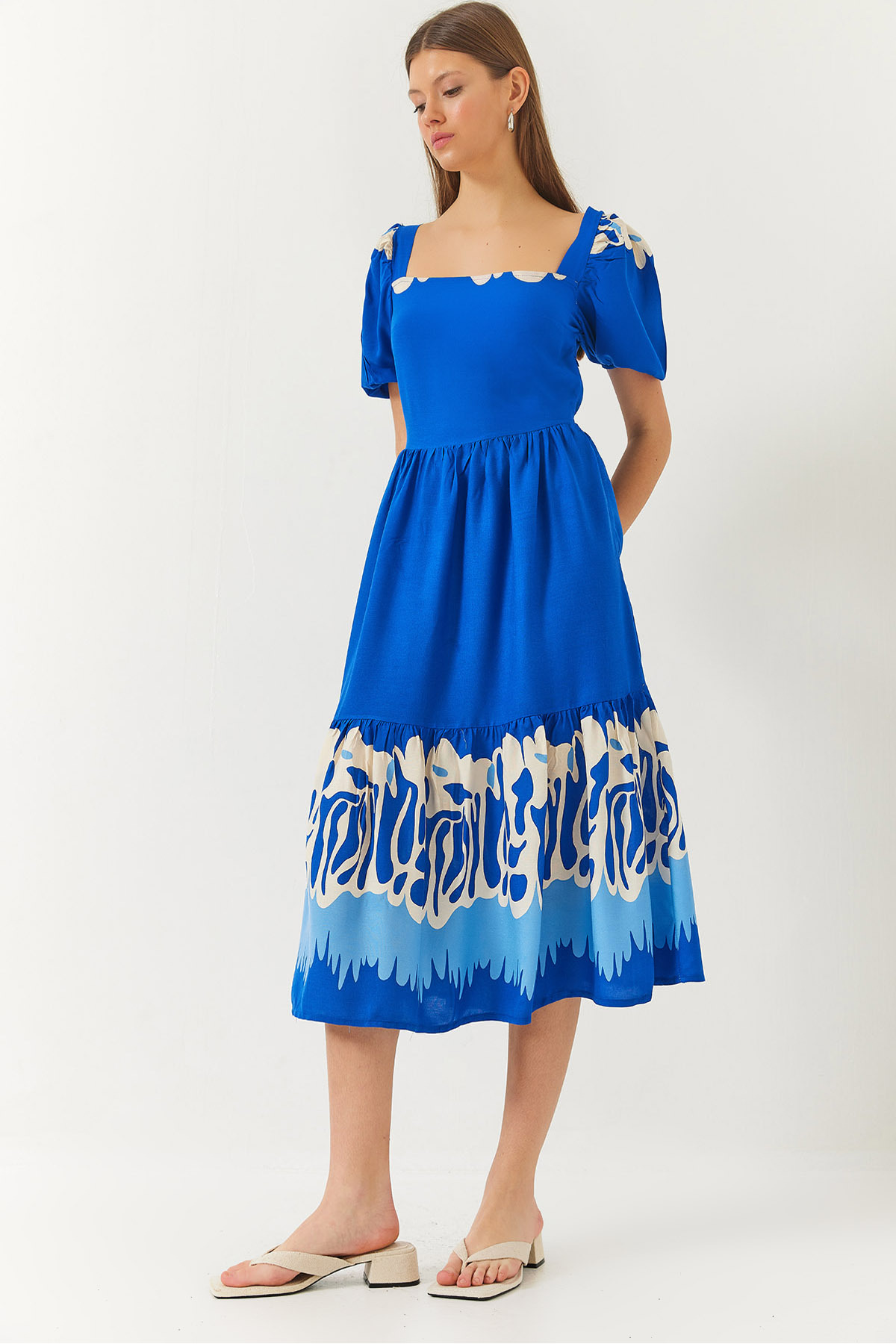 Bianco Lucci Kleid Mit Wassermelonenärmeln Und Quadratischem Kragen, Gemustertes Terikoton-kleid für Damen - 38