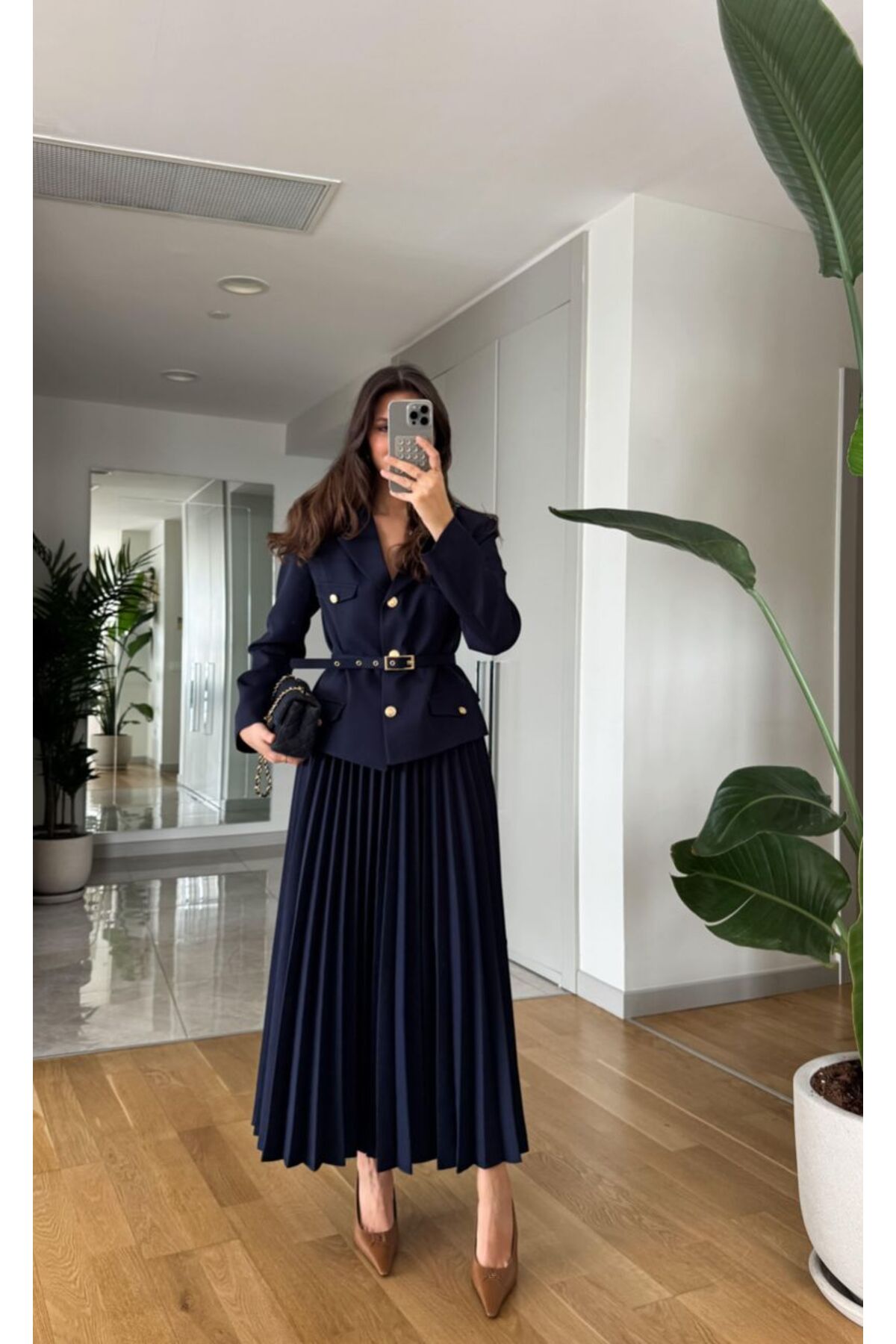 My Blog Marineblaues, Detailliertes Jacken- Und Faltenrock-set Mit Knöpfen 250321 für Damen - L