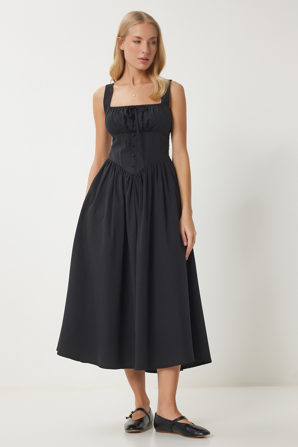 Happiness İstanbul Schwarzes Midikleid Aus Popeline Im Korsett-look für Damen - 40