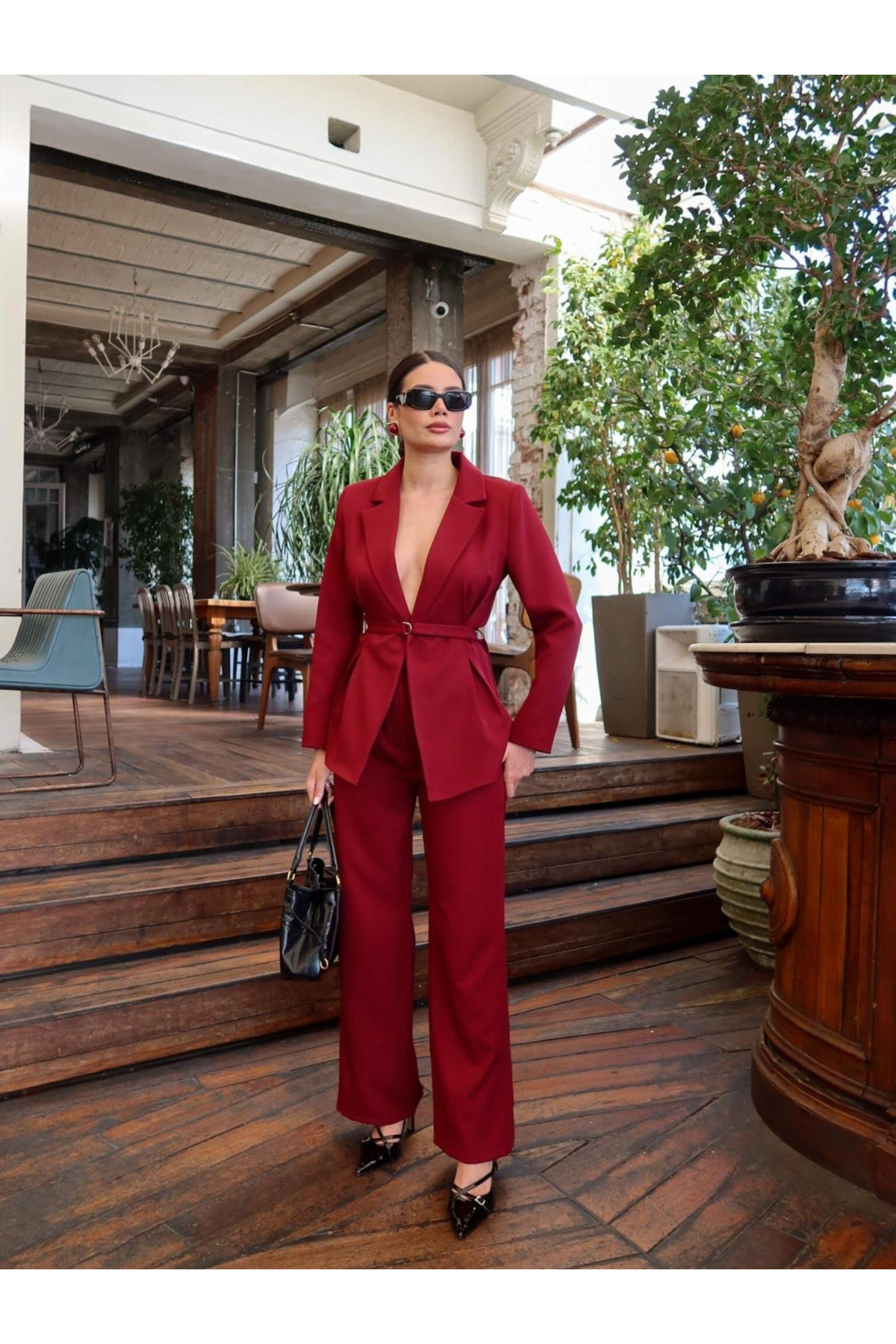 My Blog Burgunderrotes Slim-gürtel-jacken-hosen-set 0364 0365 für Damen - S