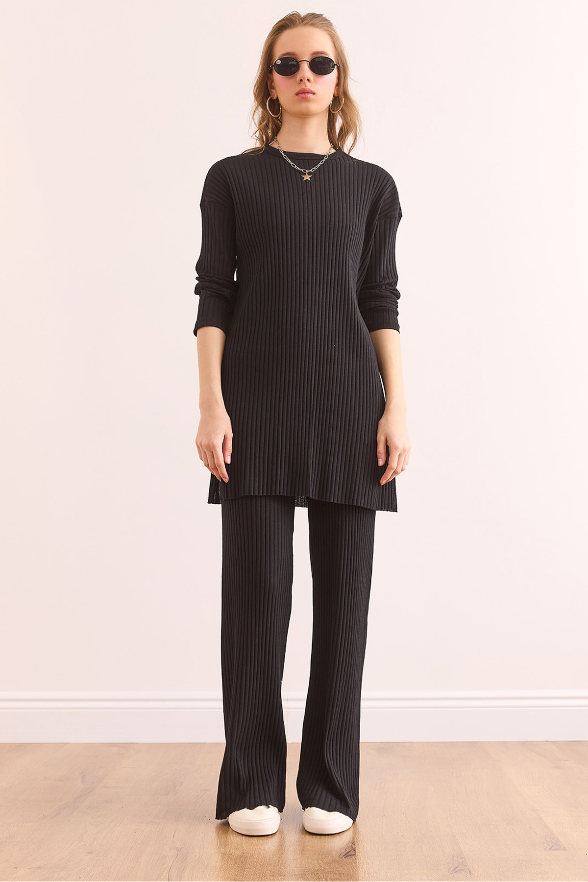 Olalook Schwarzes Oberteil Mit Schlitz, Bluse, Unterteil, Palazzo-kostüm , Kordelzug, für Damen - XL