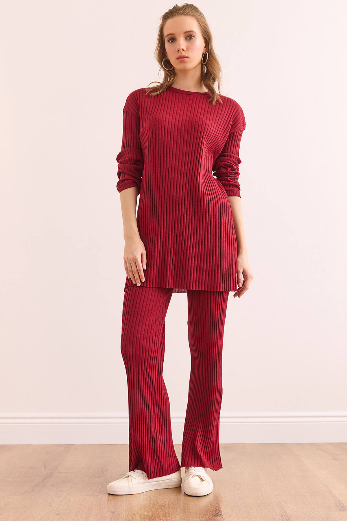 Olalook Burgunderrotes Oberteil Mit Schlitz, Bluse Und Unterteil , Palazzo-kostüm Mit Kordelzug, für Damen - M