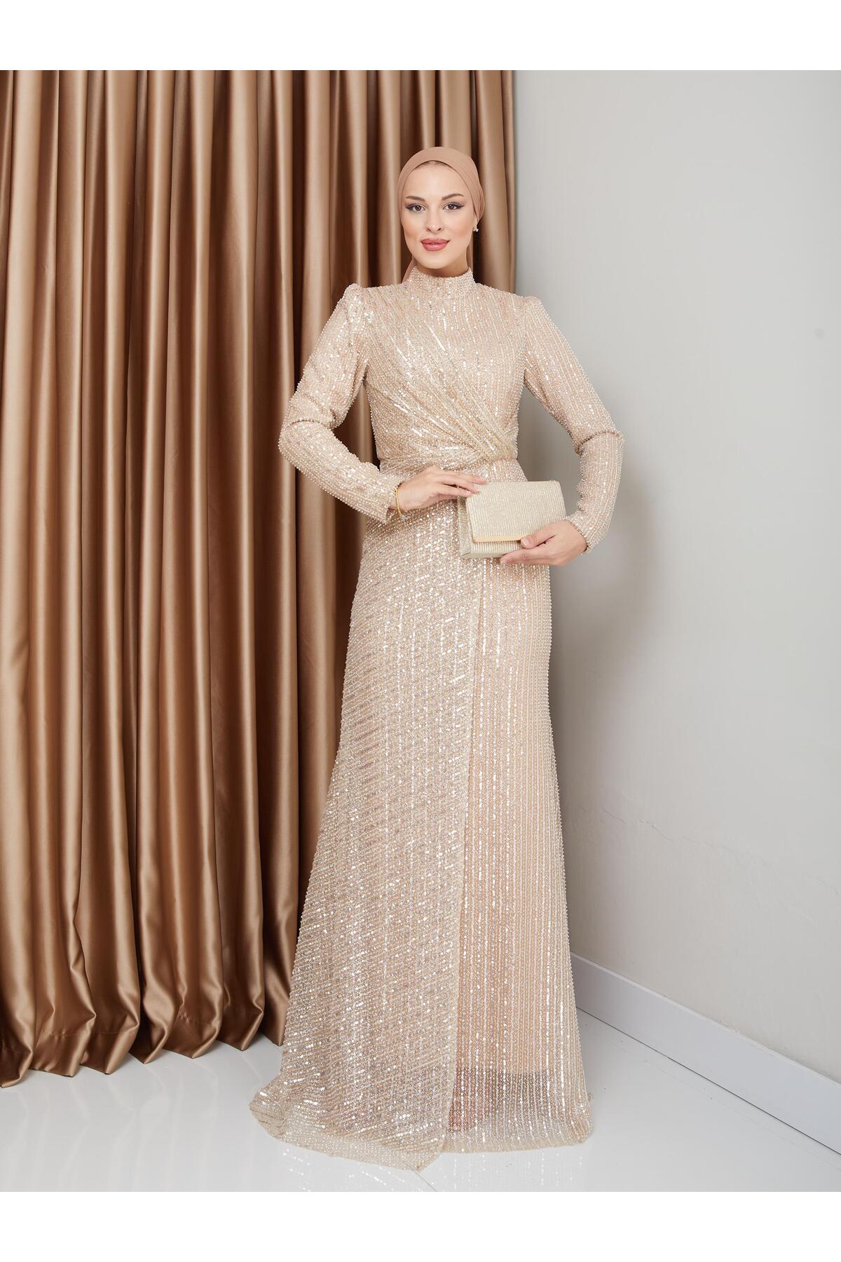 Olcay Beige Pailletten-hijab-abendkleider – Volant-detail für Damen - 46