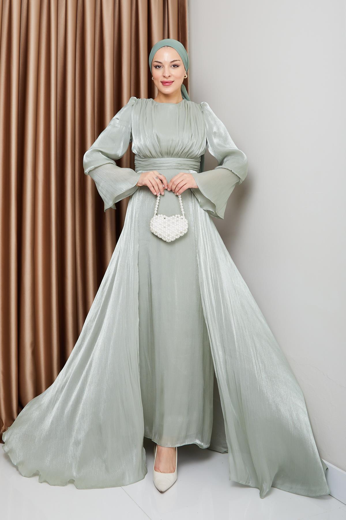 Olcay Hellgrüne Hijab-abendkleider Aus Seide – Yoryo-kleid Mit Cape-rock für Damen - 46