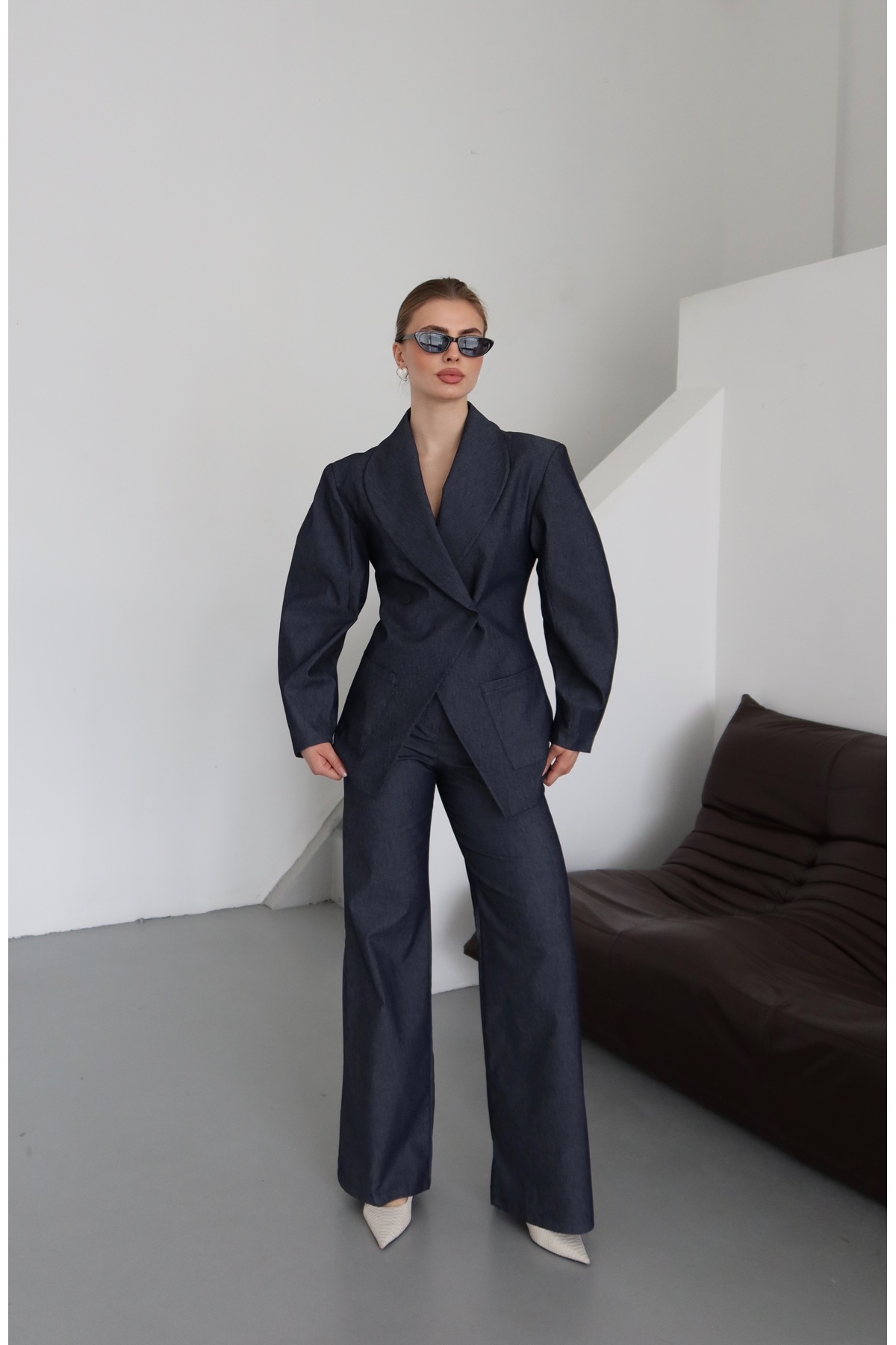 Laluvia Marineblaues Ballonärmel-jacken-hosen-set 903148 für Damen - S