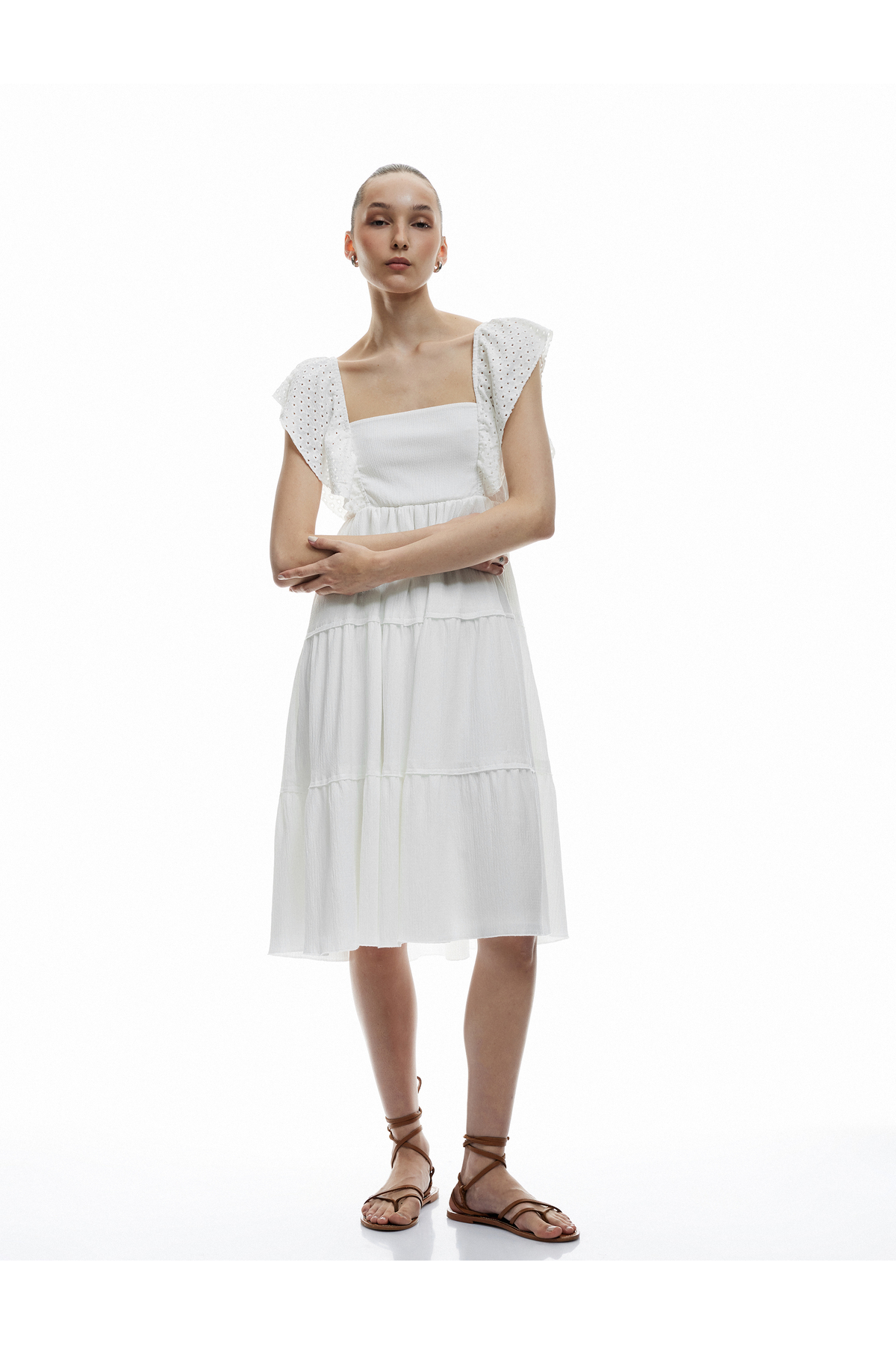 Koton Kleid Mit Falten, Ärmellos, Quadratischer Ausschnitt, Wickeloptik, Bequeme Passform, Midi-kleid für Damen - S