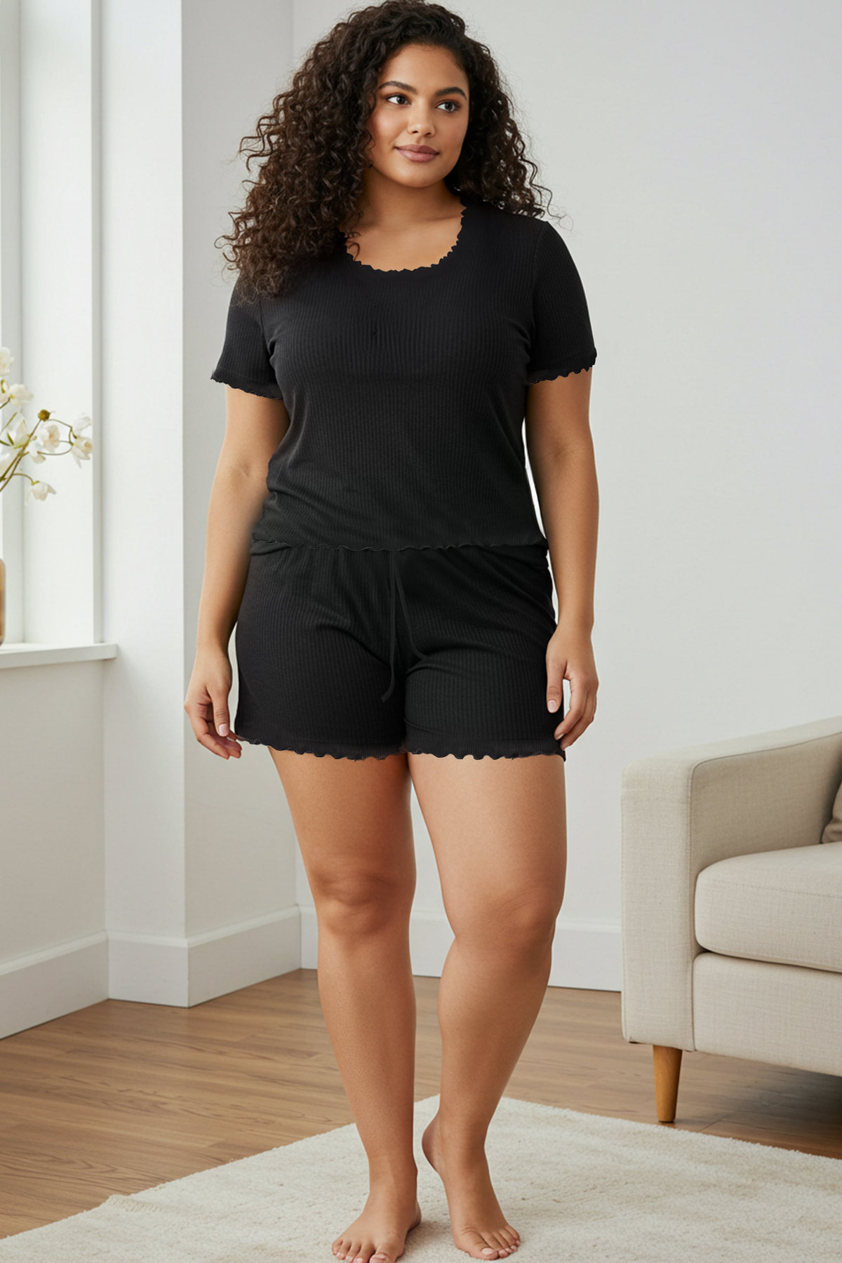 Trendyol Curve Schwarzes, Detailliertes, Geripptes, Gestricktes Baby-overlock-pyjama-set für Damen - 6XL