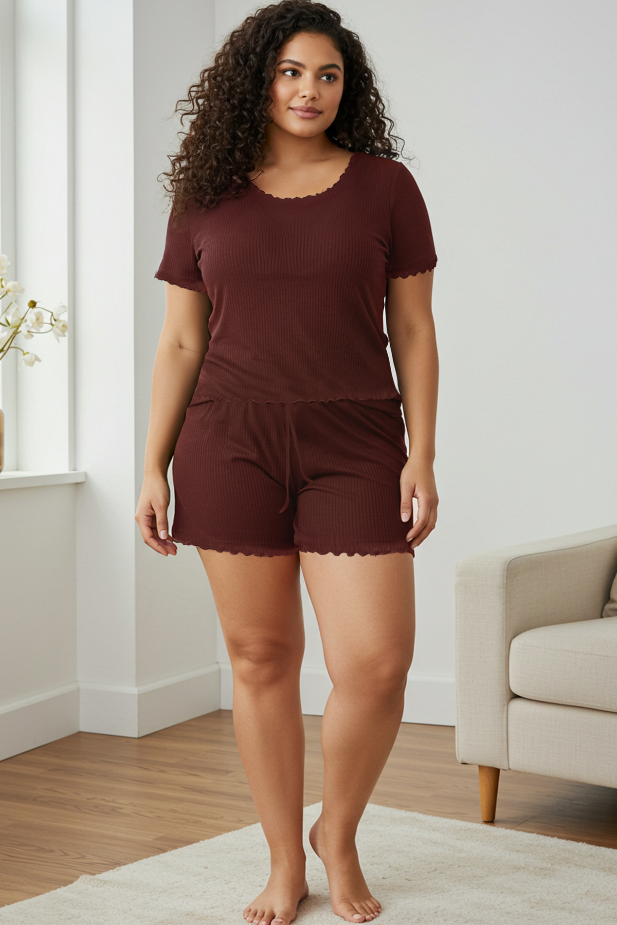 Trendyol Curve Braunes Baby Overlock Detaillierte Gerippte Shorts Gestricktes Pyjama-set für Damen - 4XL